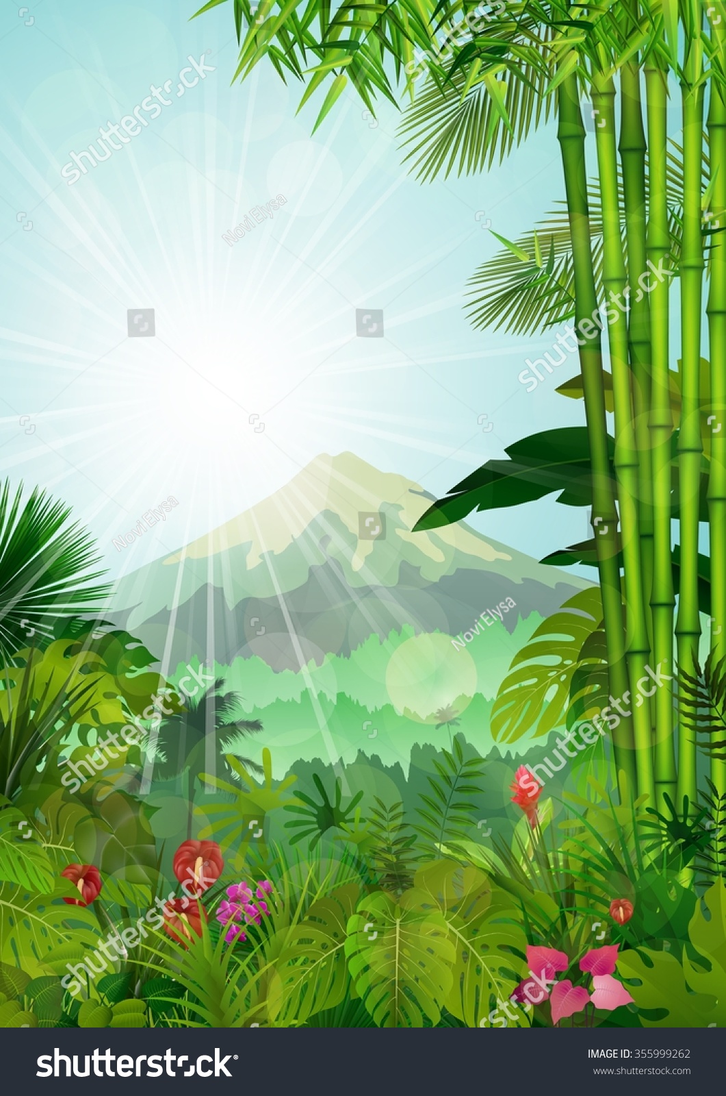 Mountains Landscape Tropical Background Sunraysvector Stock Vector ...