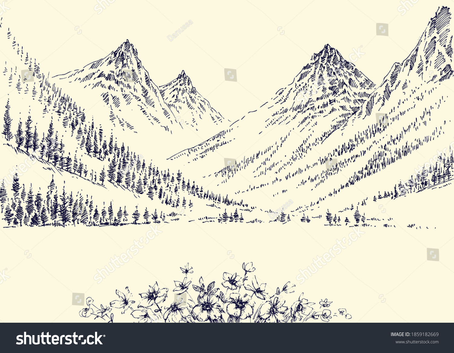 Mountains Panorama Alpine Pine Forest Landscape Stock Vector (Royalty ...