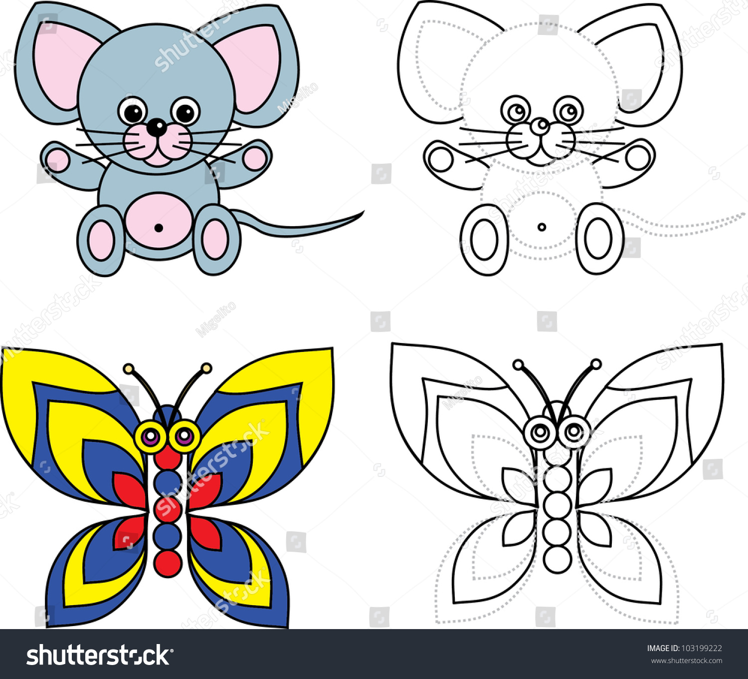 Mouse Butterfly Isolated Color Drawing Blackandwhite Stock Vector ...