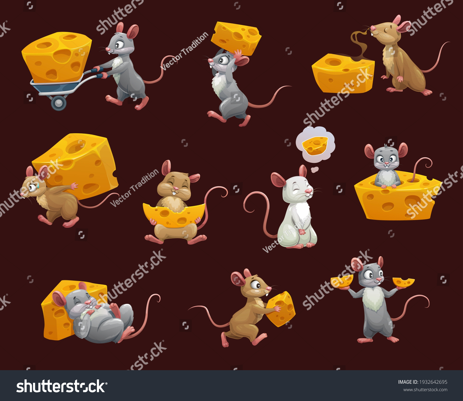SVG of Mouse and rat with cheese cartoon characters. Vector rodent animals with cute faces, funny brown, grey and white mice eating and carrying, sleeping and dreaming, stealing and hiding cheese food svg