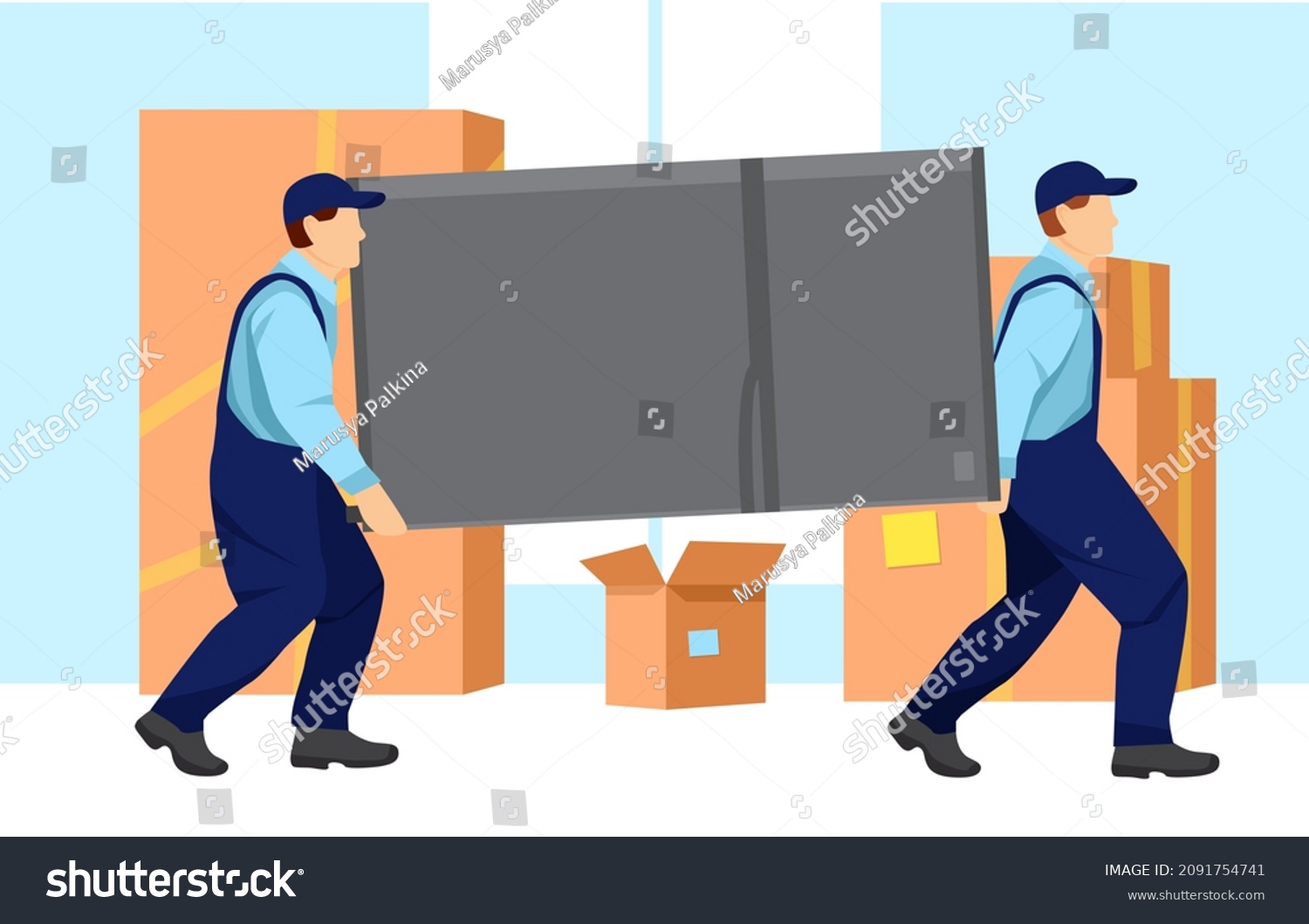 SVG of Movers carry a heavy refrigerator. Boxes with things are standing near the wall. Relocation. Transport company. Moving service. Cartoon vector illustration in flat style. svg