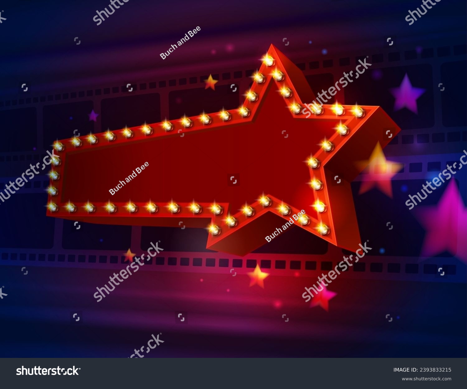 SVG of Movie cinema poster with neon star. Hollywood movie theater, blockbuster promo and Broadway show business realistic vector background or banner with cinema film, glowing bulb lights on star arrow svg