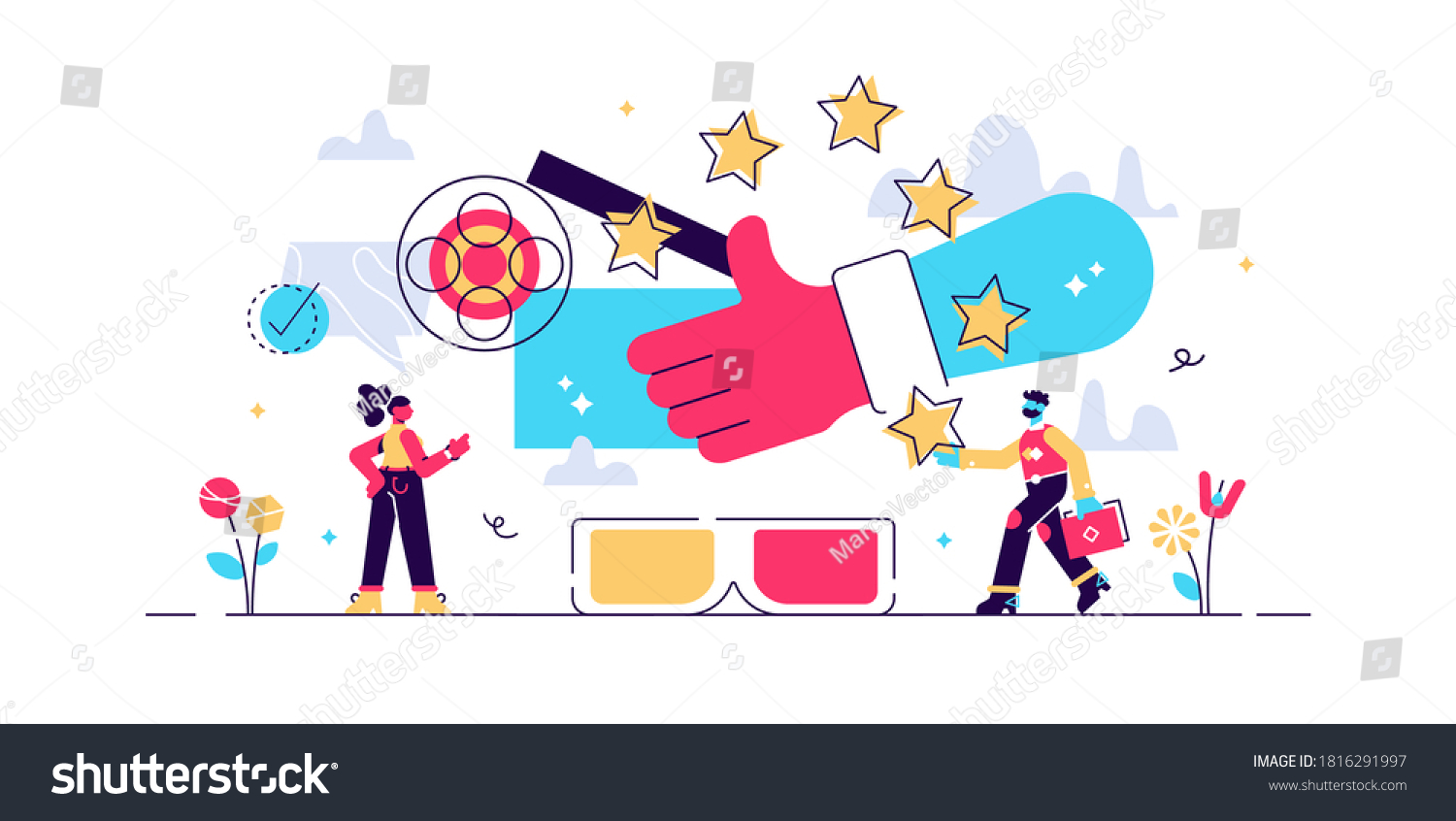 SVG of Movie review as cinema film feedback criticism in flat tiny persons concept vector illustration. Stars rating vote after entertainment watching. Theater content critical appraisal and result comment. svg