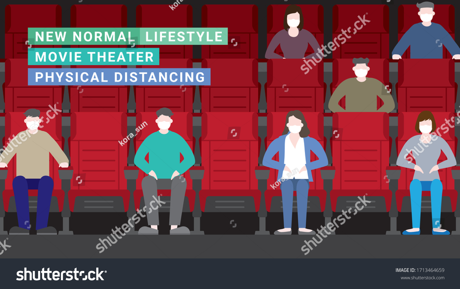 SVG of Movie theater lifestyle after pandemic covid-19 corona virus. New normal is social distancing and wearing mask. Flat design style vector concept svg