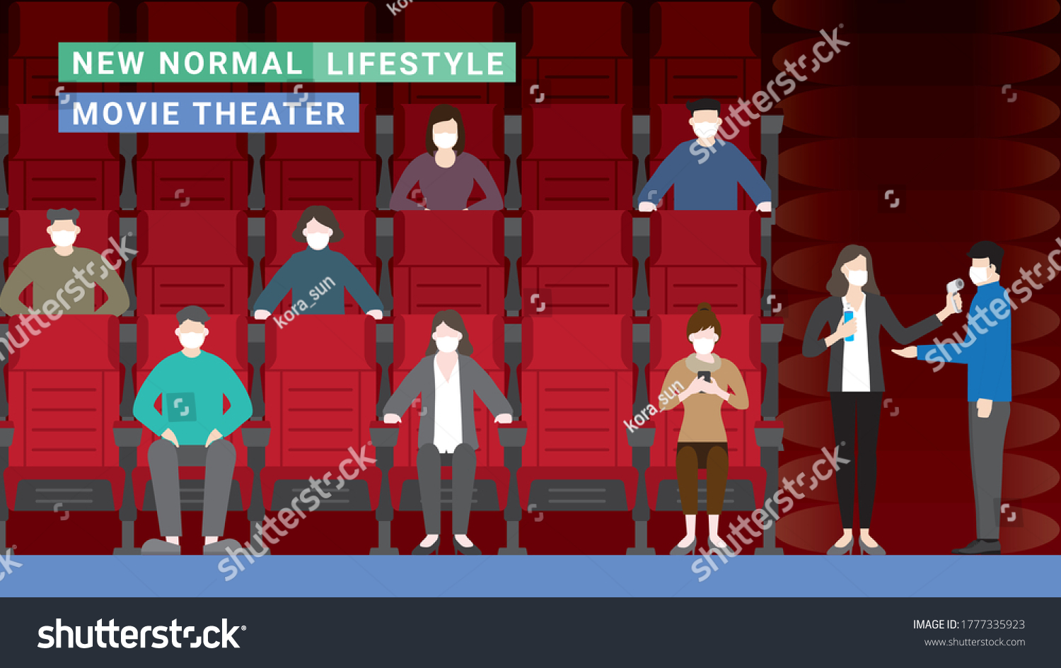 SVG of Movie theater new normal lifestyle after pandemic COVID-19 coronavirus. Social distancing, Wearing masks, Thermal check and Hand sanitizing at entrance. Flat design style illustration vector concept. svg