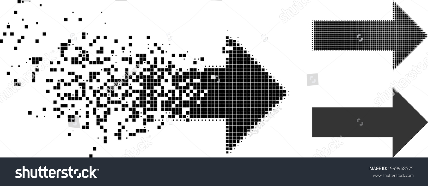 SVG of Moving pixelated arrow icon with halftone version. Vector destruction effect for arrow icon. Pixelated disintegrating effect for arrow demonstrates movement of cyberspace abstractions. svg