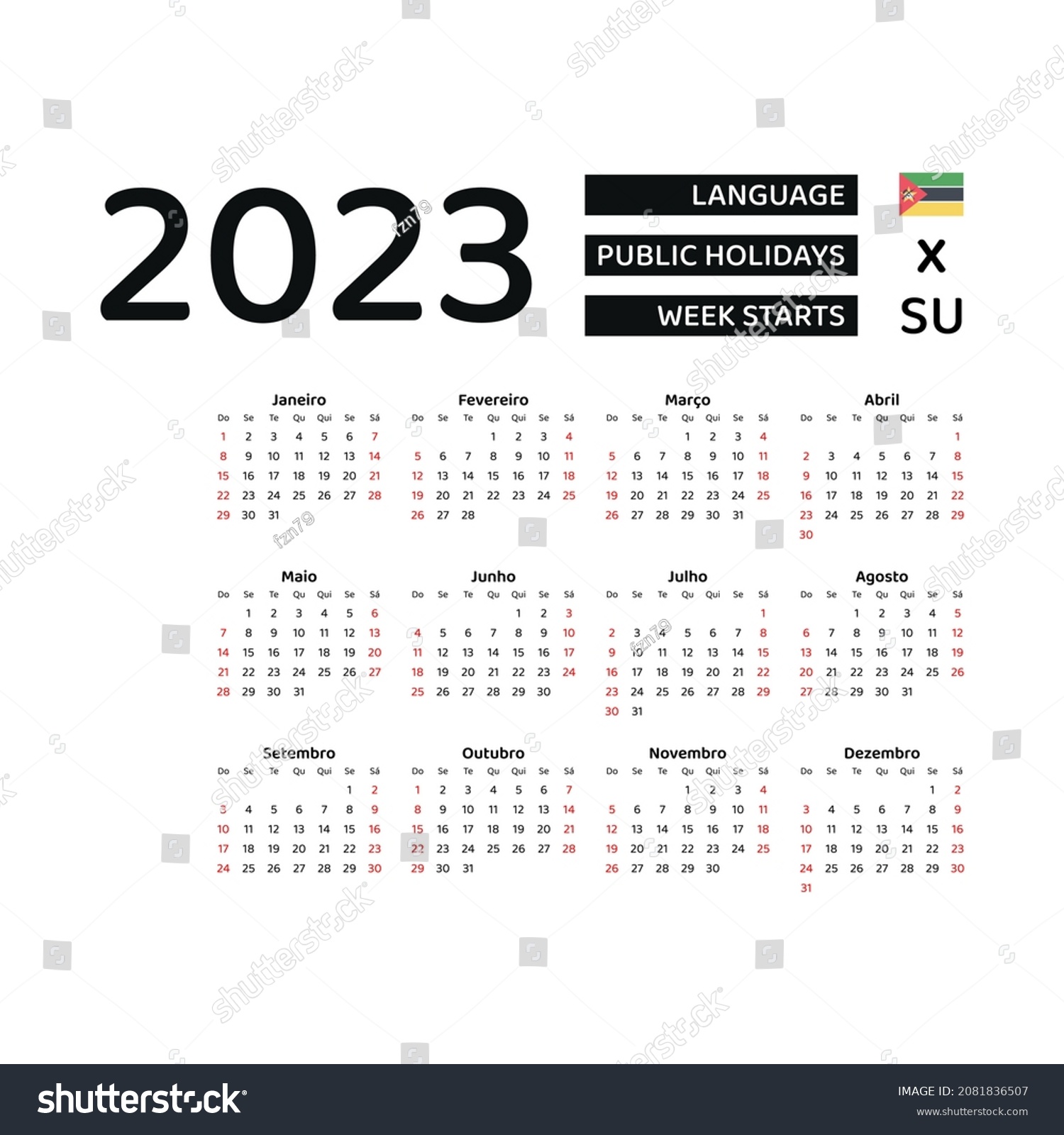 Mozambique Calendar 2023 Week Starts Sunday Stock Vector Royalty Free