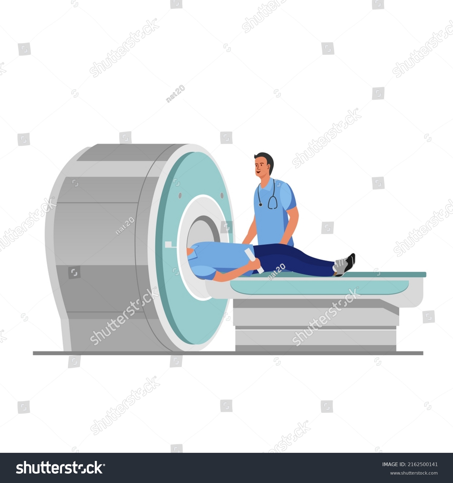 SVG of MRI is a magnetic resonance imaging machine scanning a patient inside under the supervision of a doctor's side view. Vector svg