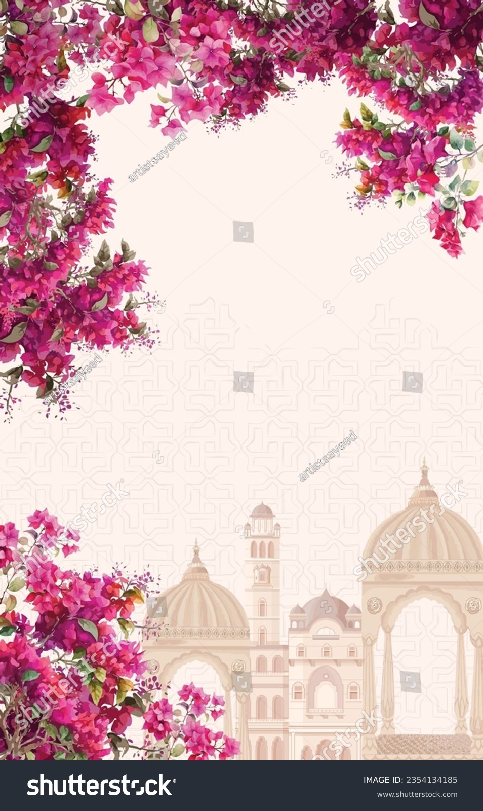 SVG of Mughal ethnic pattern with watercolor bougainvillea flowers illustration for invitation svg