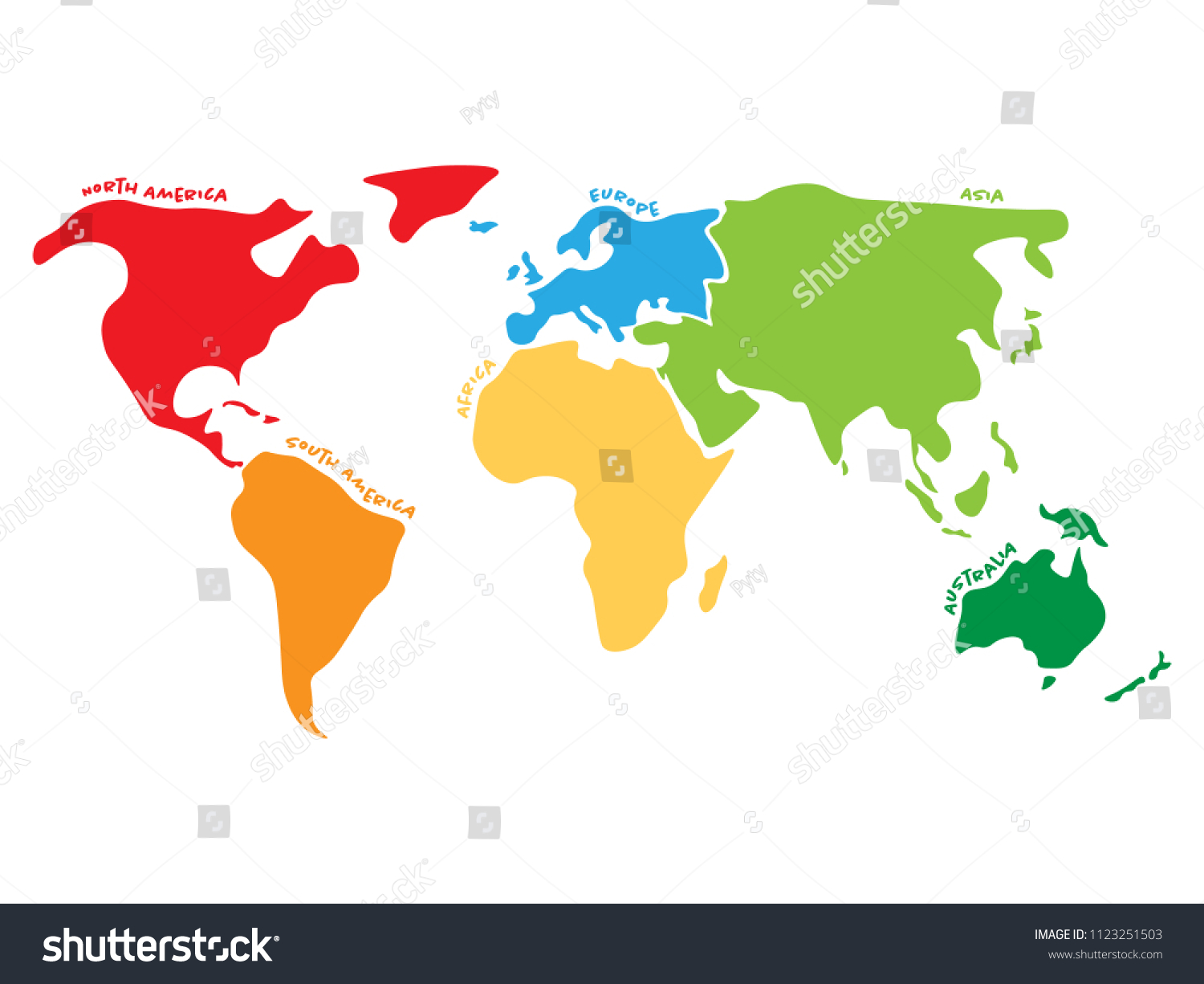 Map Divided By Continents Multicolored World Map Divided Six Continents Stock Vector (Royalty Free)  1123251503 | Shutterstock