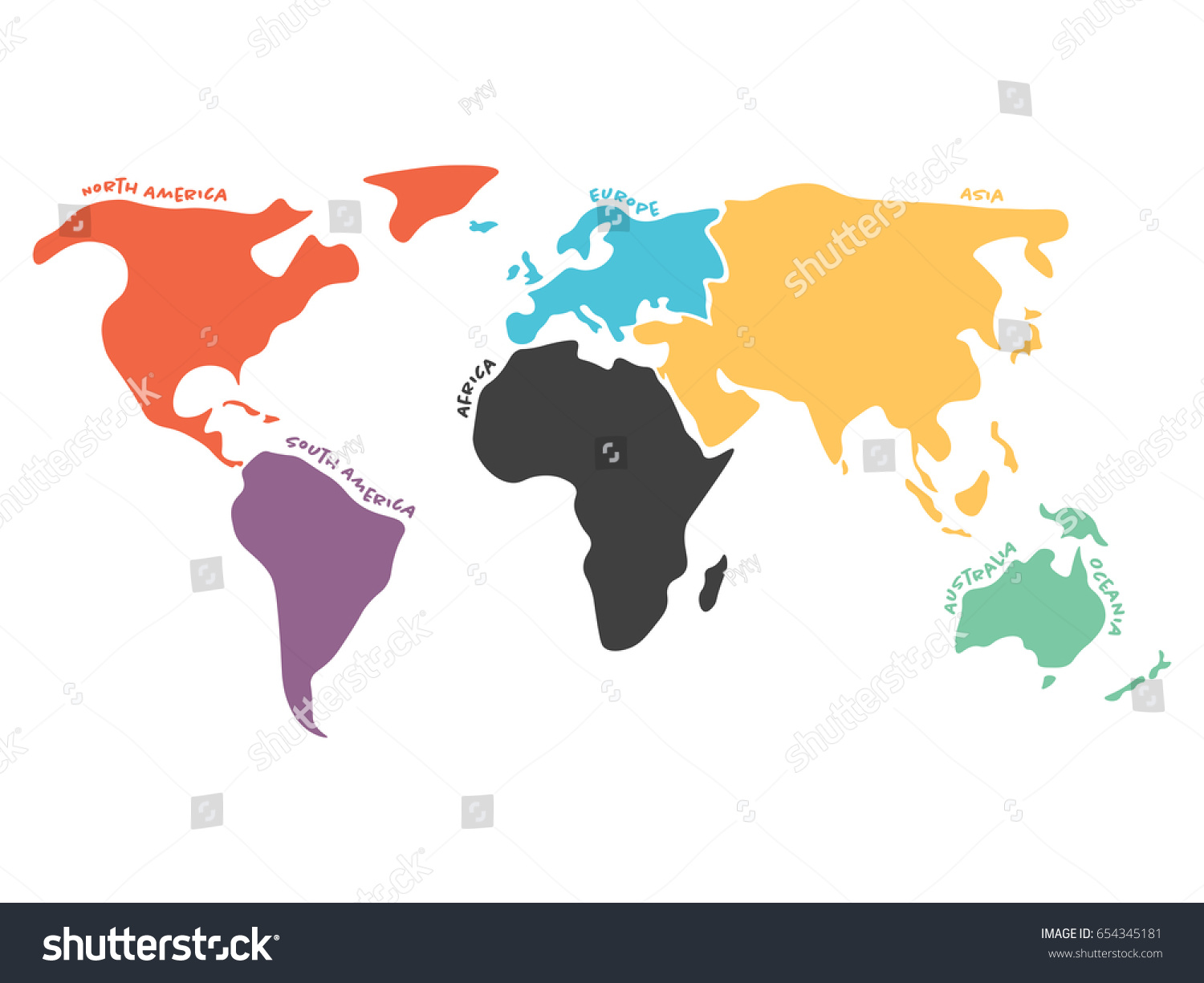 多彩色の世界地図を 北米 南米 アフリカ ヨーロッパ アジア オーストラリアのオセアニアの6大陸に分割 大陸名のシルエットベクターマップの簡略化 のベクター画像素材 ロイヤリティフリー