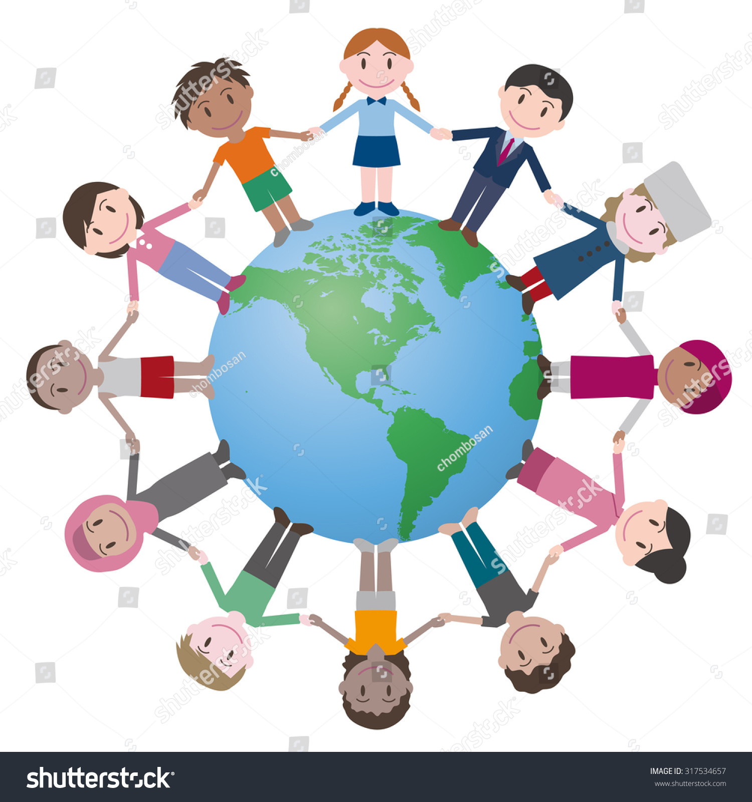 Multicultural People Around Earth Holding Hands Stock 