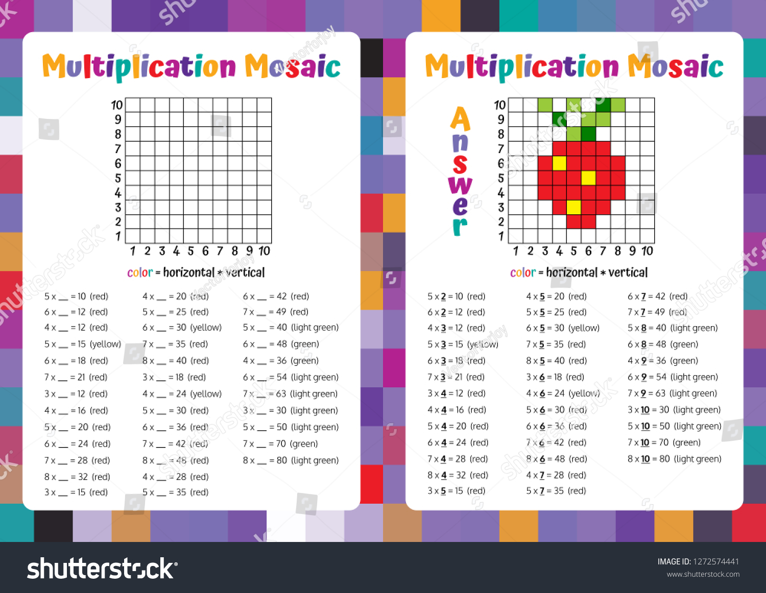 Multiplication Mosaic Math Puzzle Worksheet Educational Stock Vector Royalty Free