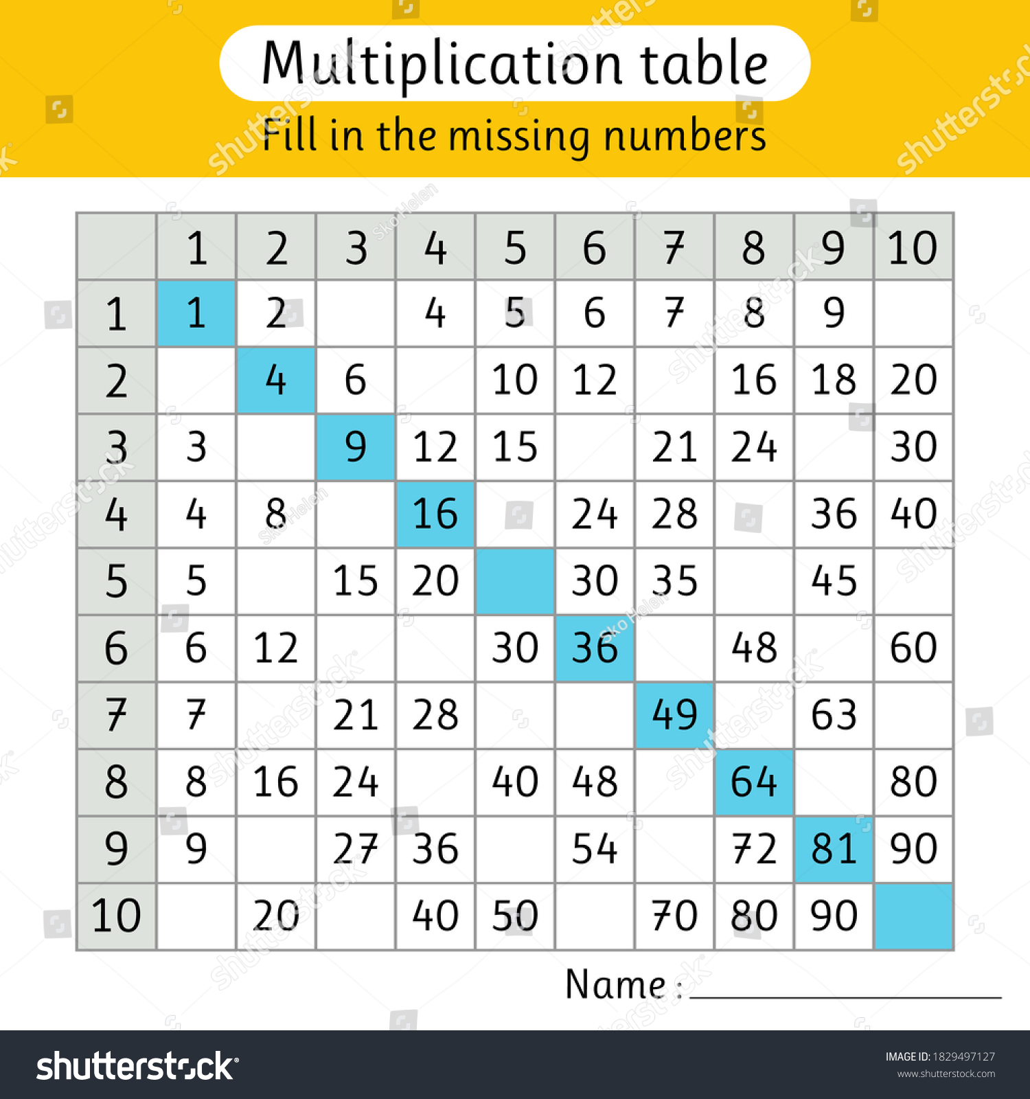 multiplication table fill missing numbers worksheets stock vector royalty free 1829497127