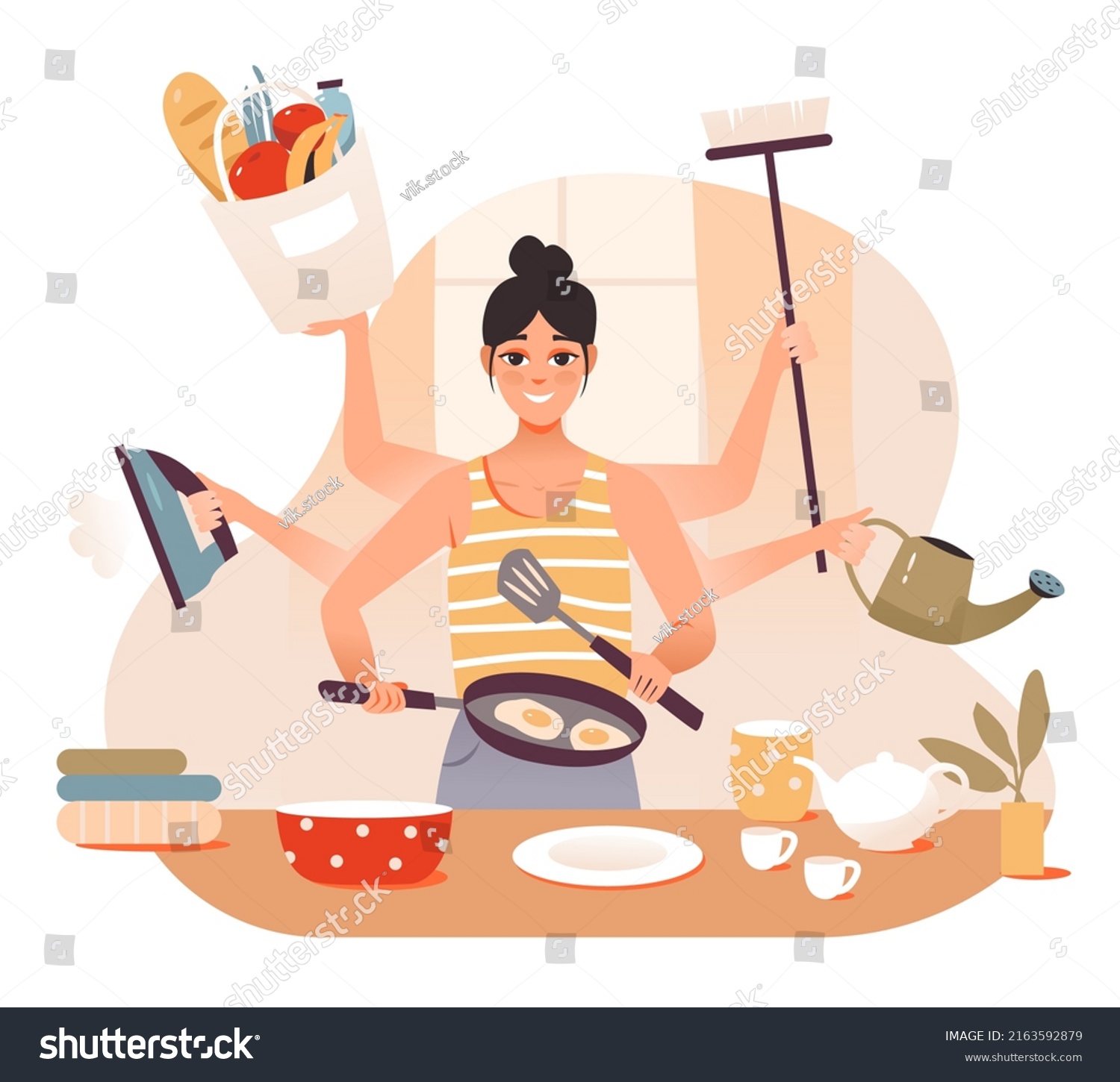 Multitasking Personal Productivity Multitasking Housewife Busy Stock ...