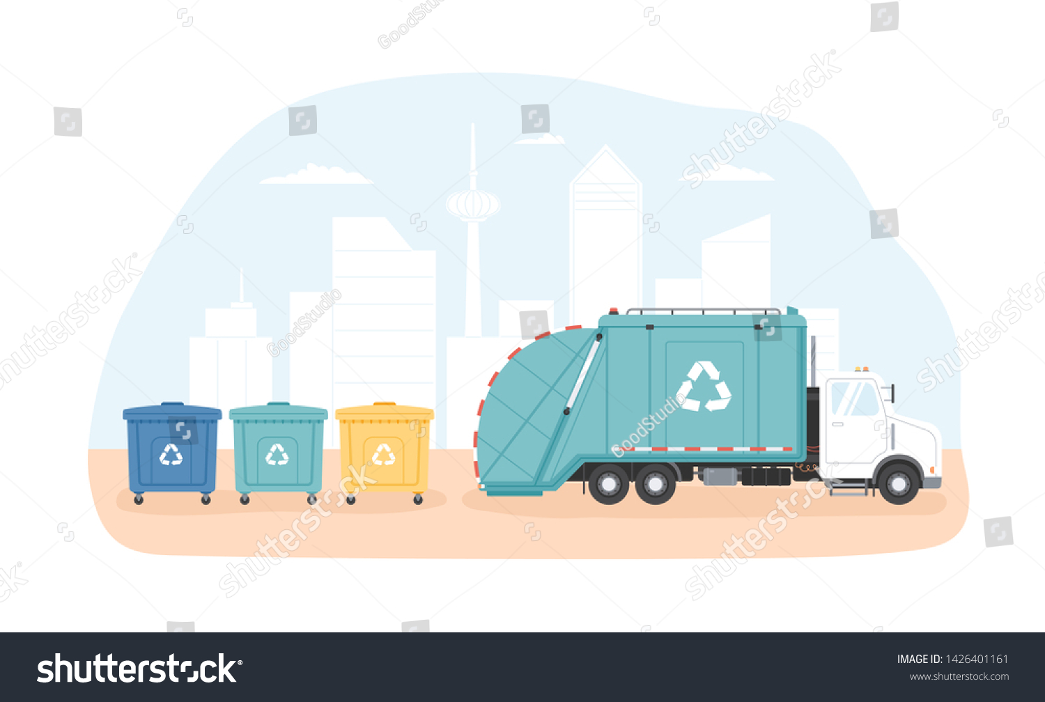 SVG of Municipal dumpsters and waste collection vehicle or garbage truck collecting trash against modern cityscape in background. Junk sorting and recycling. Modern flat cartoon colorful vector illustration. svg