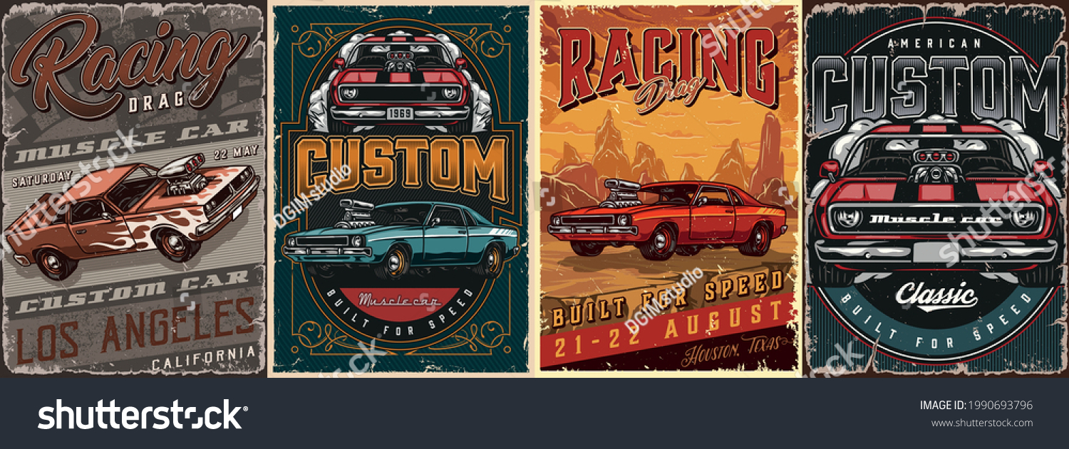 SVG of Muscle cars vintage colorful posters with inscriptions and powerful american cars vector illustration svg