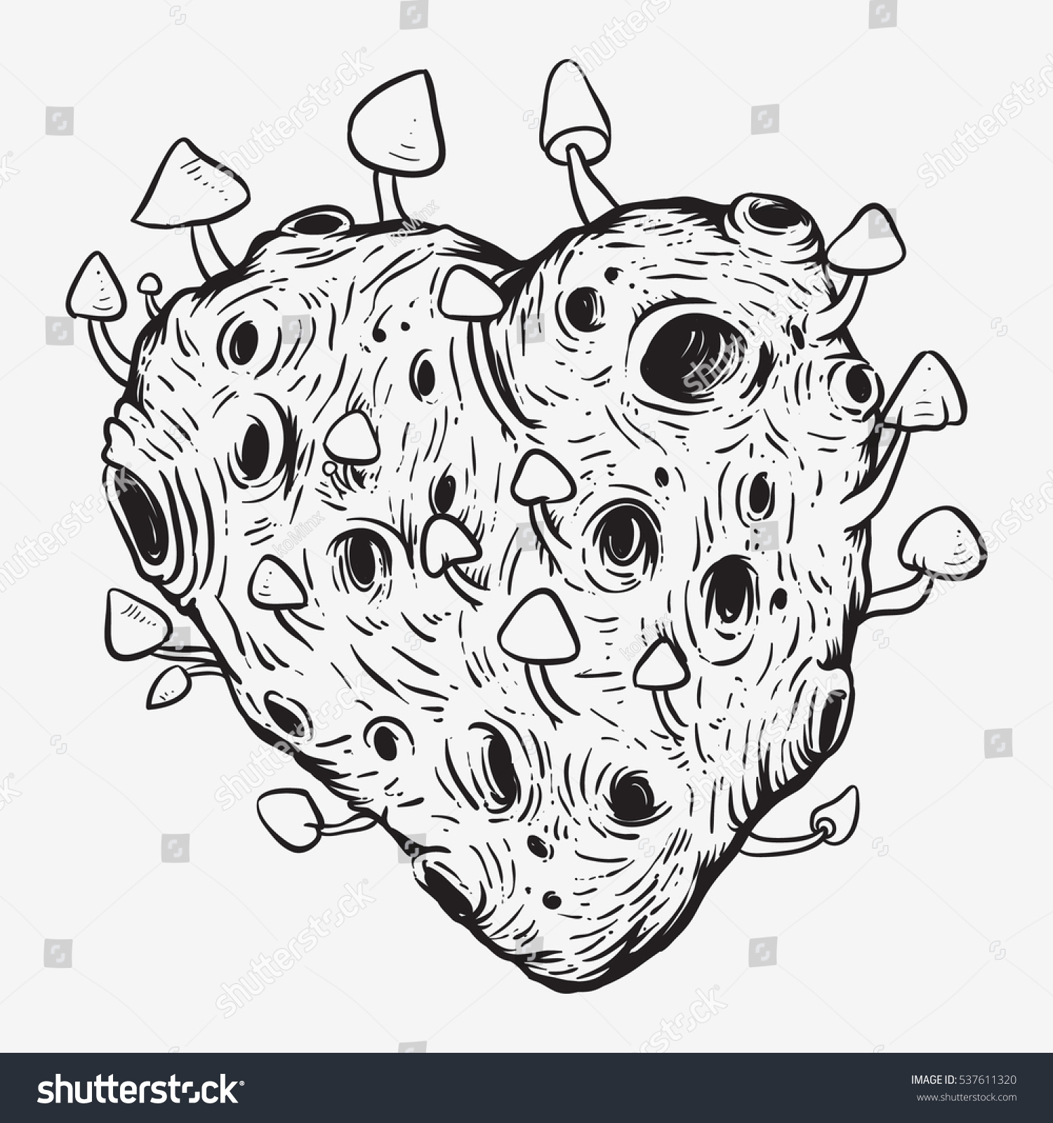 Mushrooms Heart Hand Drawing Sketch vector de stock (libre de regalías
