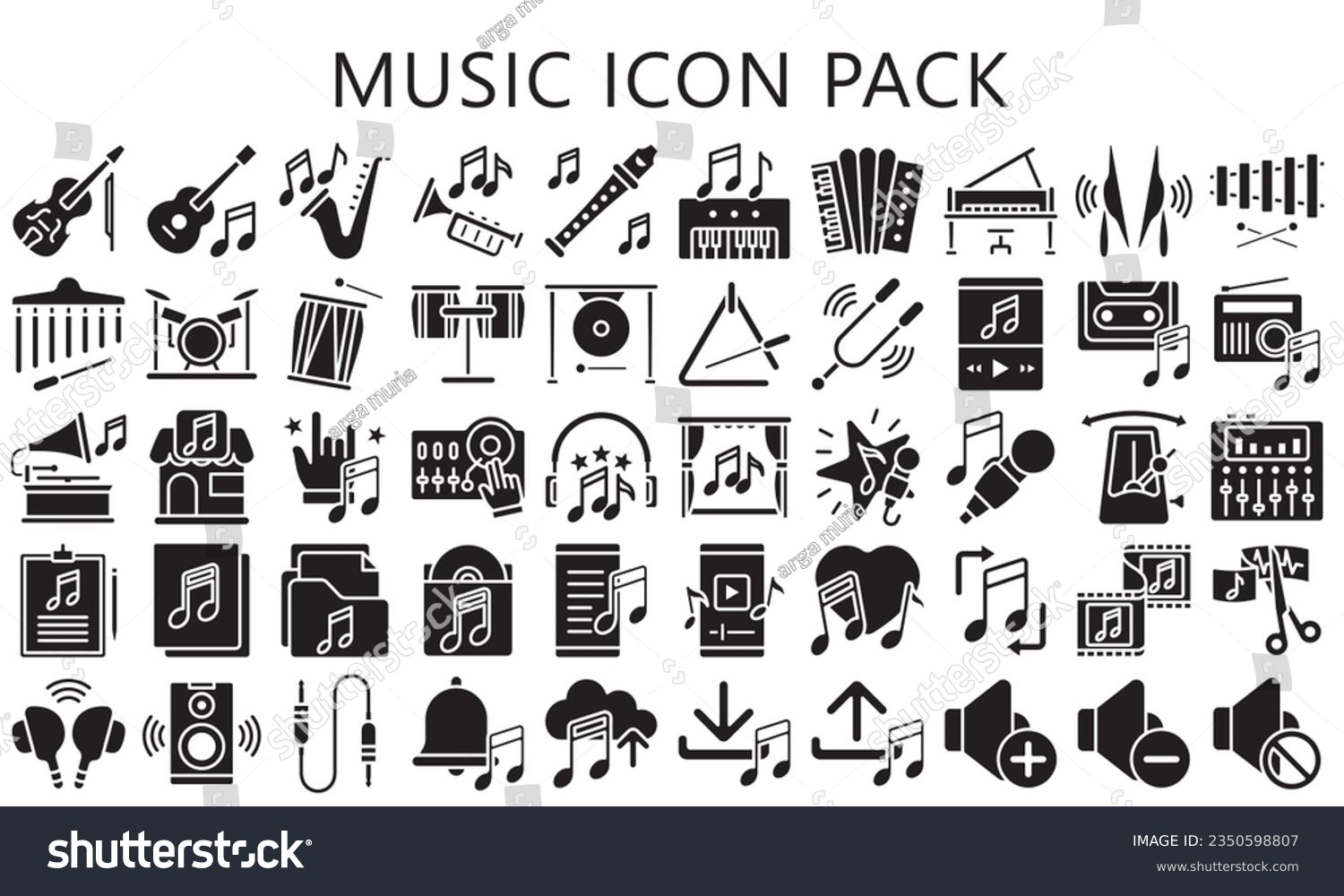 SVG of Music black glyph icons pack. contain guitar, drum, piano, speaker, note equipment and more. use for modern concept, UI or UX kit, web and app development. vector EPS 10 ready convert to SVG. svg