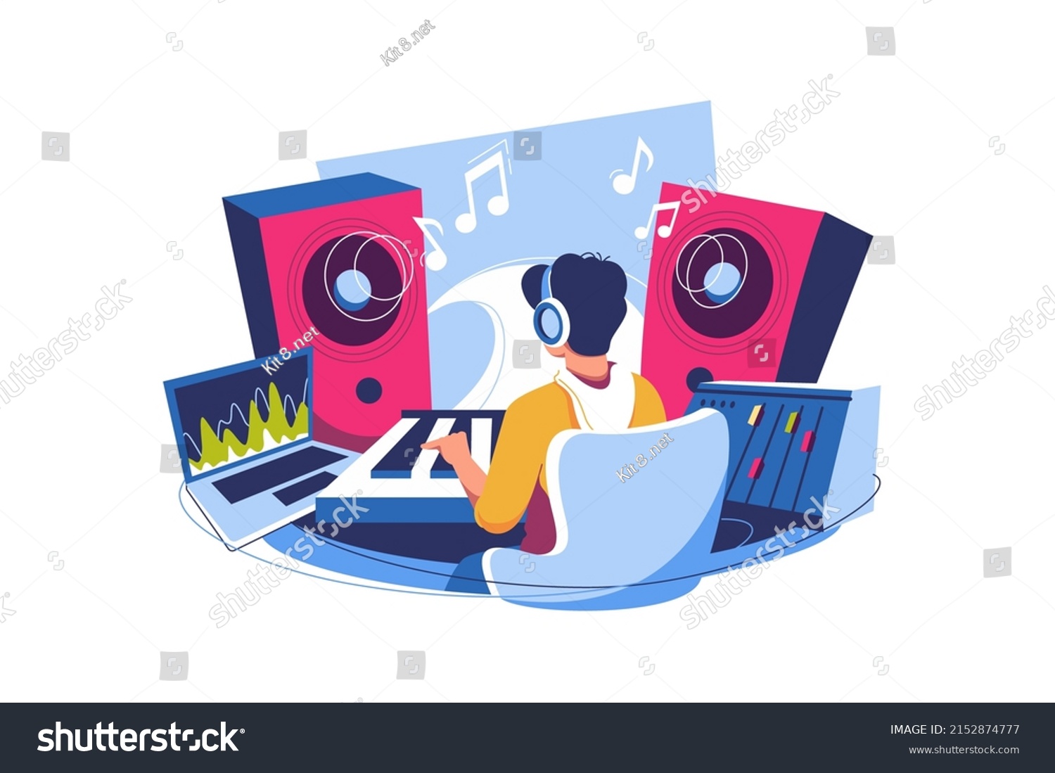 SVG of Music composer creating and recording music at workplace with computer, professional equipment, software vector illustration. Musician idea svg