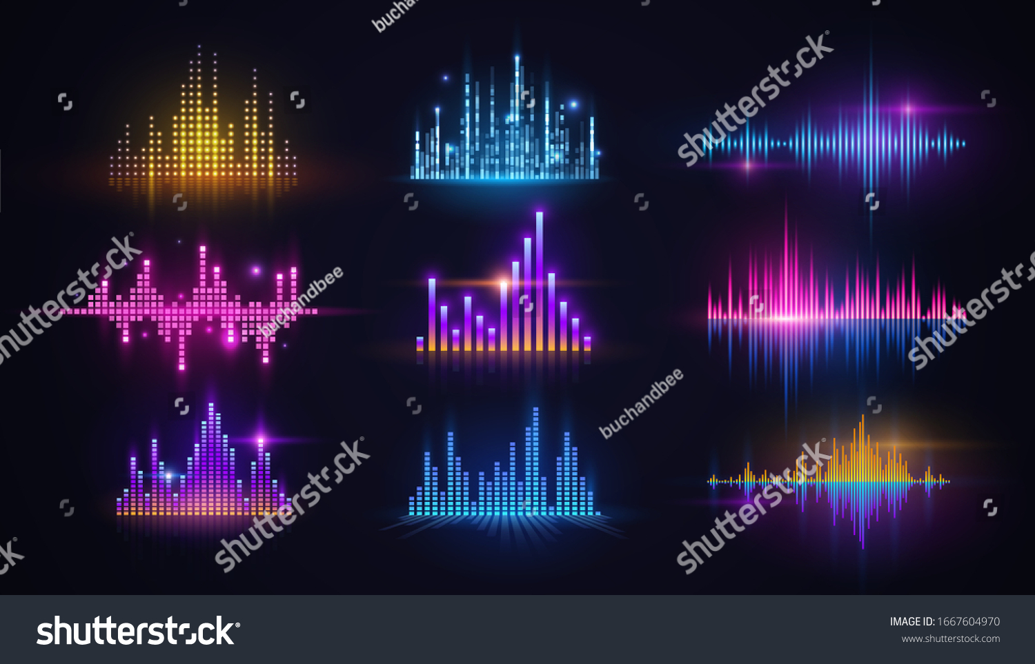 SVG of Music equalizer neon sound waves, audio digital technology vector design. Sound frequency spectrum abstract music wave patterns with blue, purple and yellow glowing light graphs svg