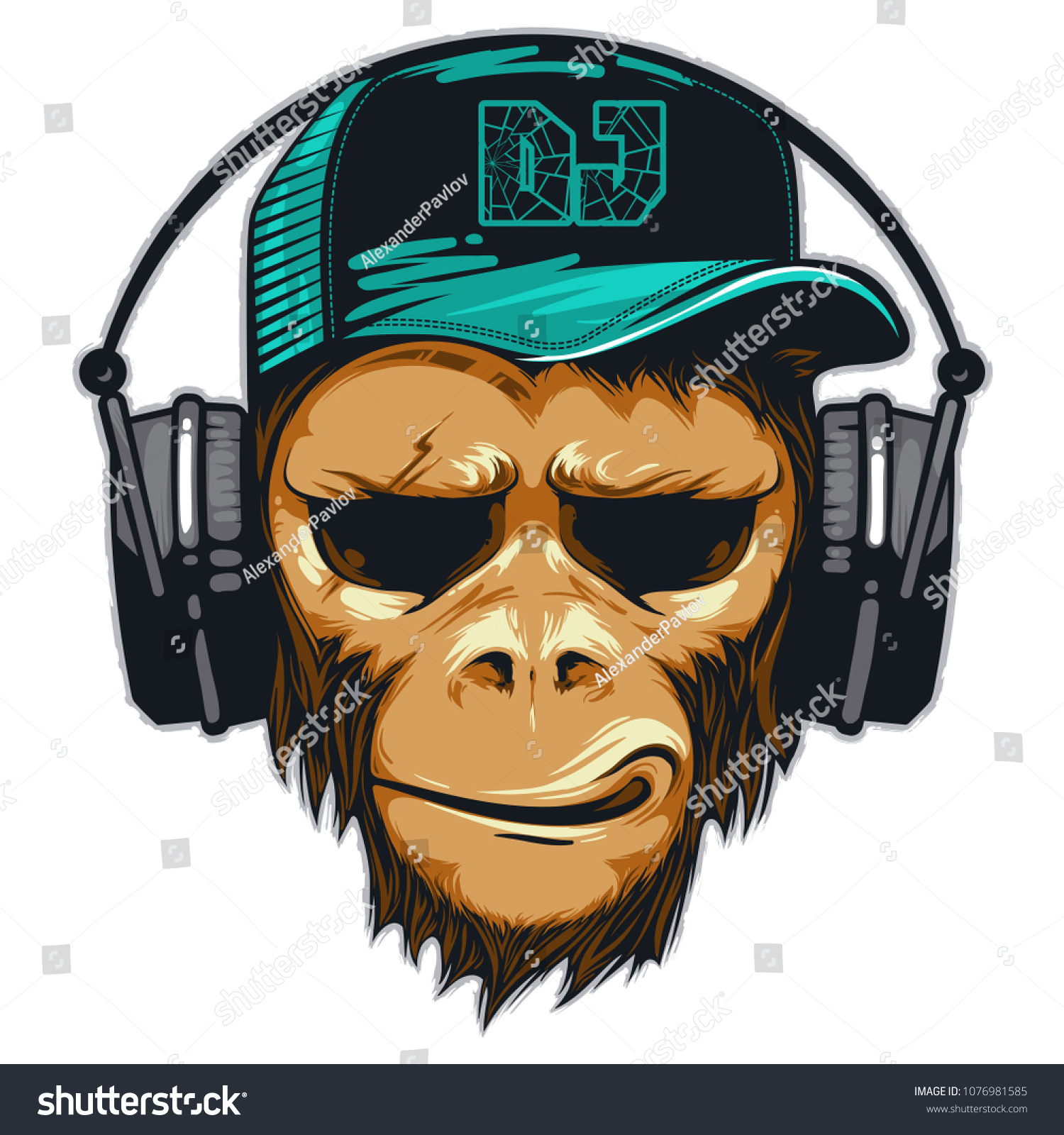 ヘッドホンに音楽ファンのヒップスター猿 Djチンパンジー のベクター画像素材 ロイヤリティフリー