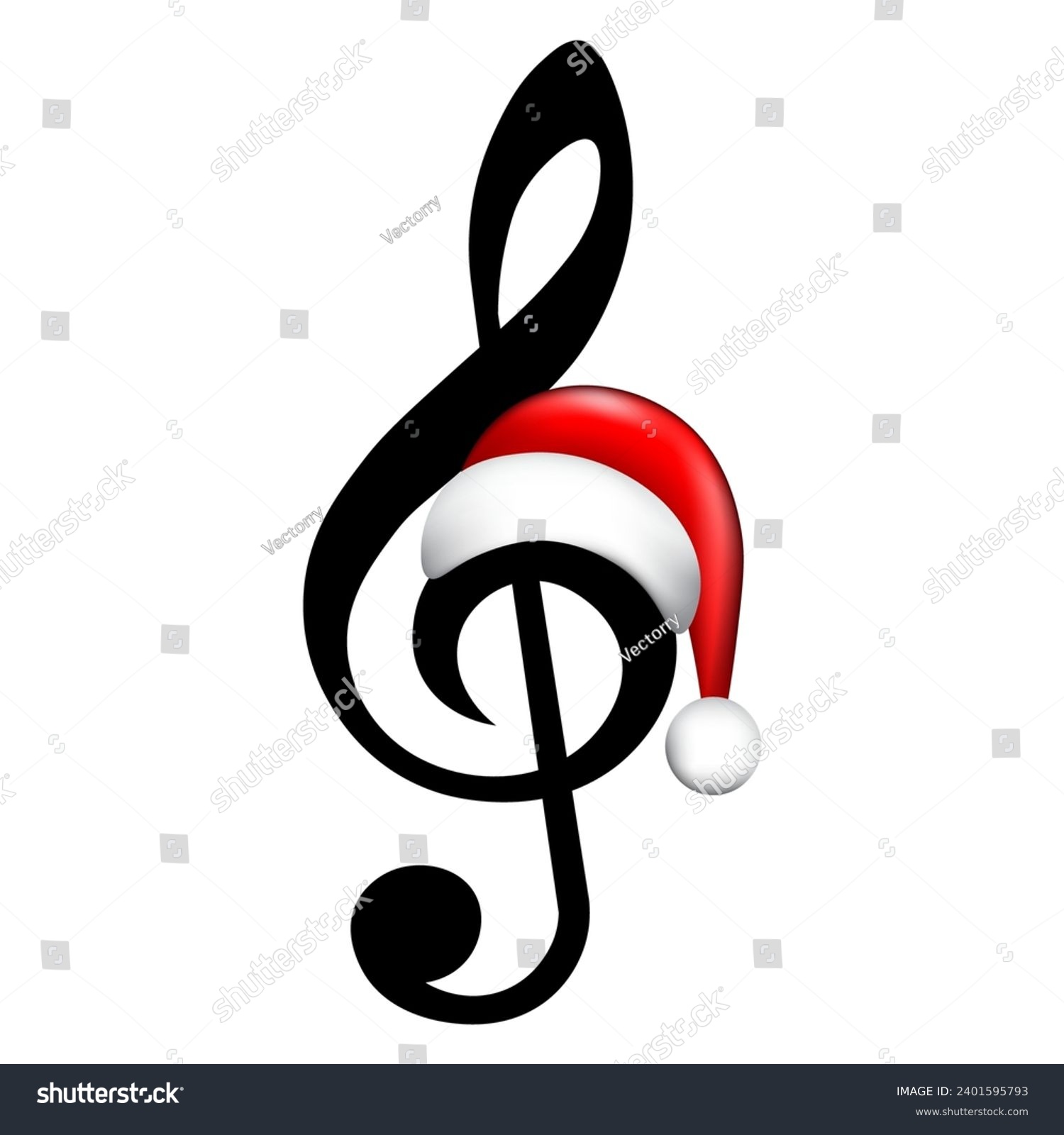 SVG of Music key with red Santa Claus hat, isolated vector illustration. svg