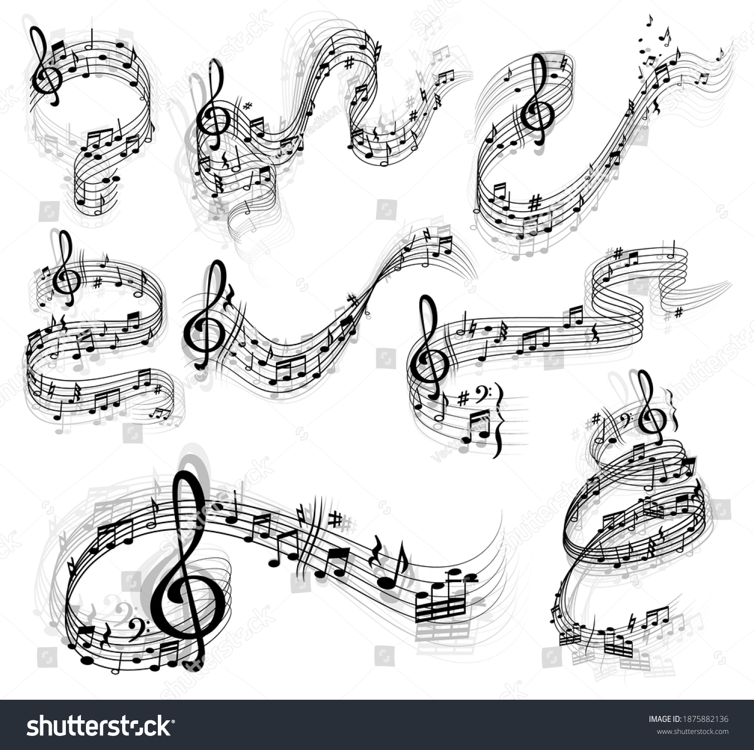 Music Notes Vector Set Swirls Waves Stock Vector (Royalty Free) 1875882136