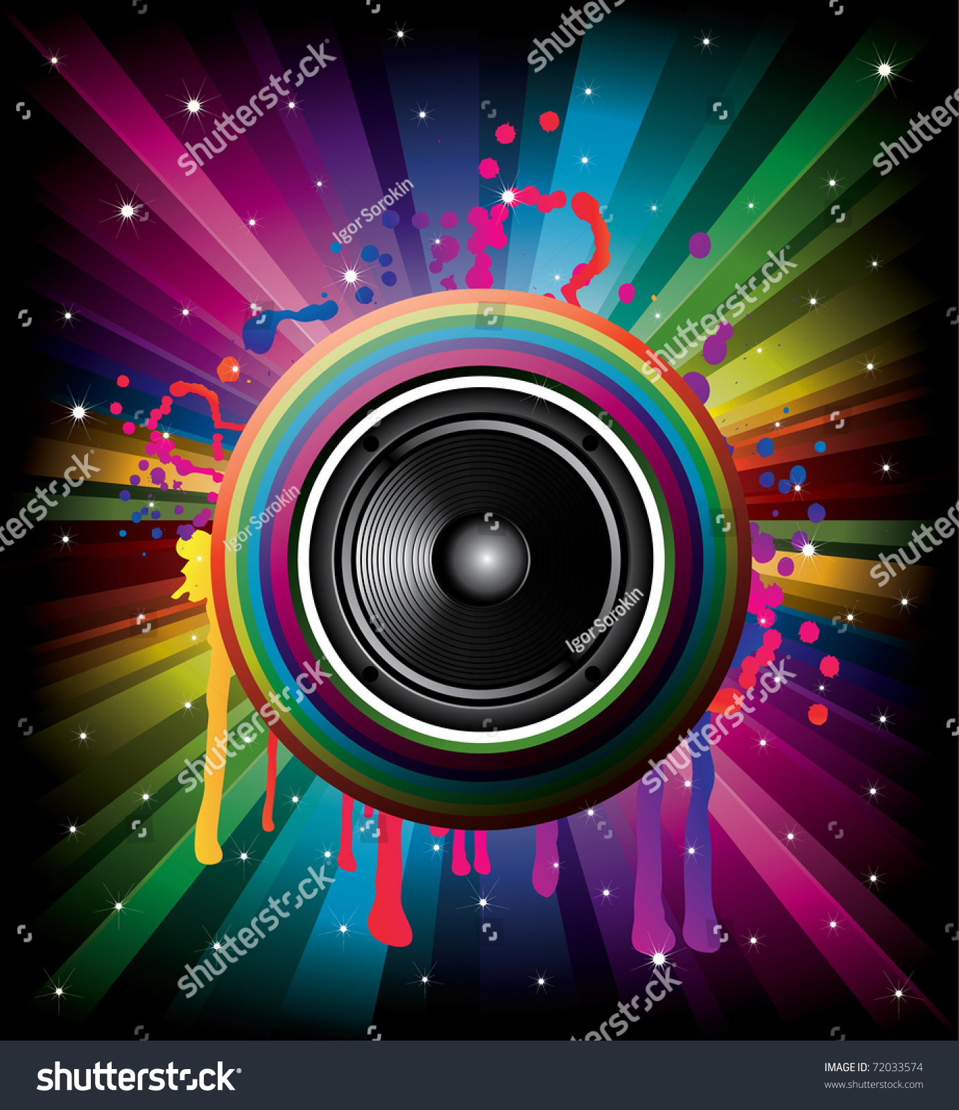 Music Rainbow Background With Splash, Speaker And Stars Stock Vector ...