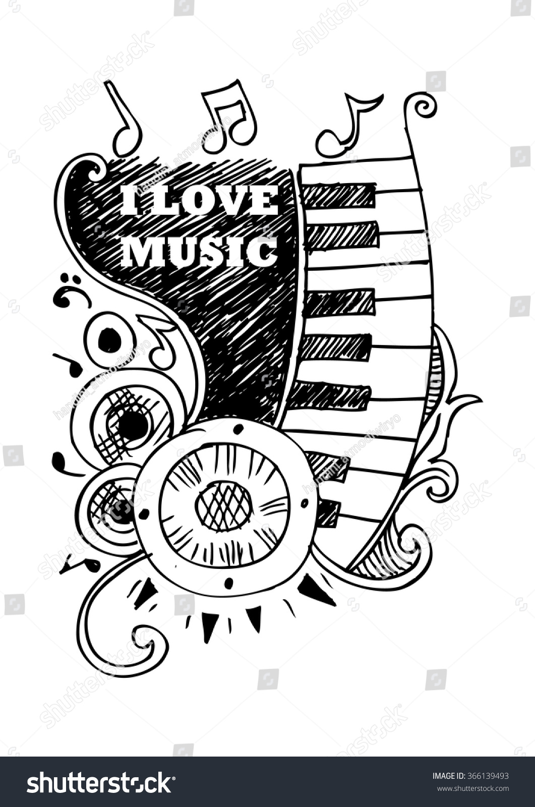 Music sketches with text i love music vector illustration