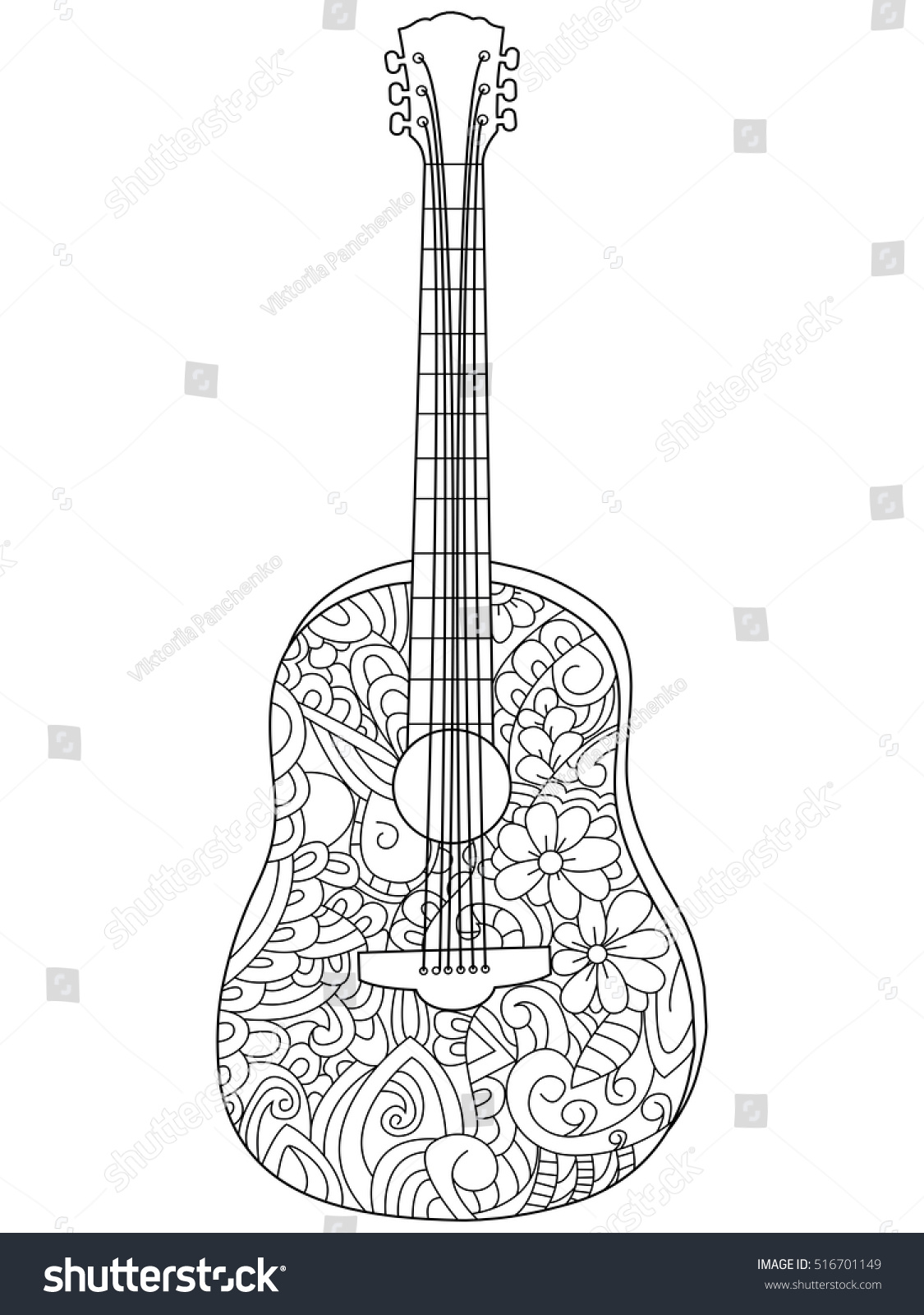 Musical instrument guitar coloring book for adults vector illustration Anti stress coloring for adult