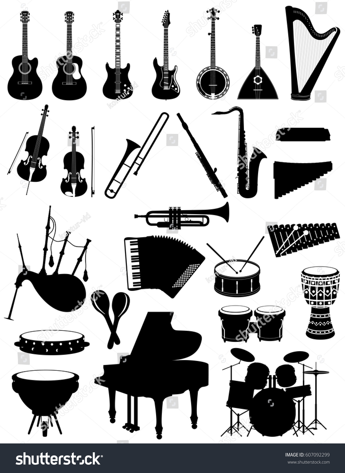 Musical Instruments Set Icons Black Silhouette Stock Vector (Royalty ...