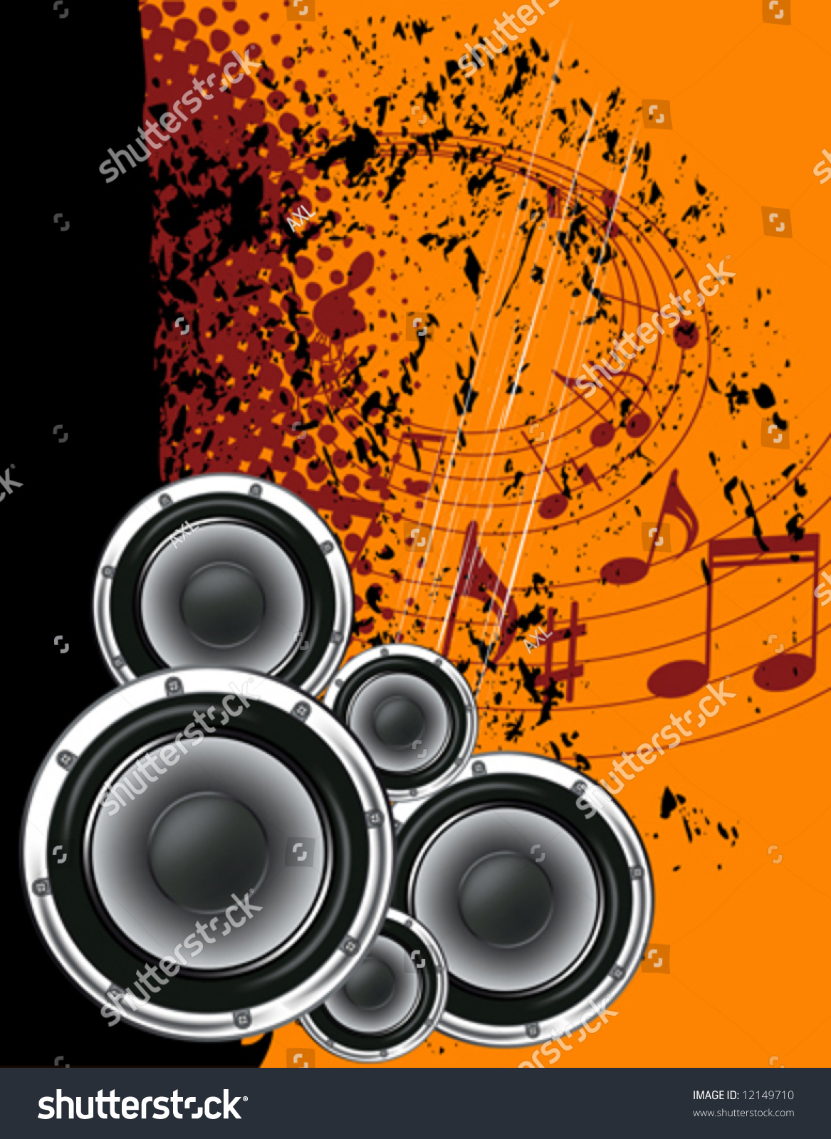 Musical Poster On The Background Grunge. Orange And Black With Notes ...