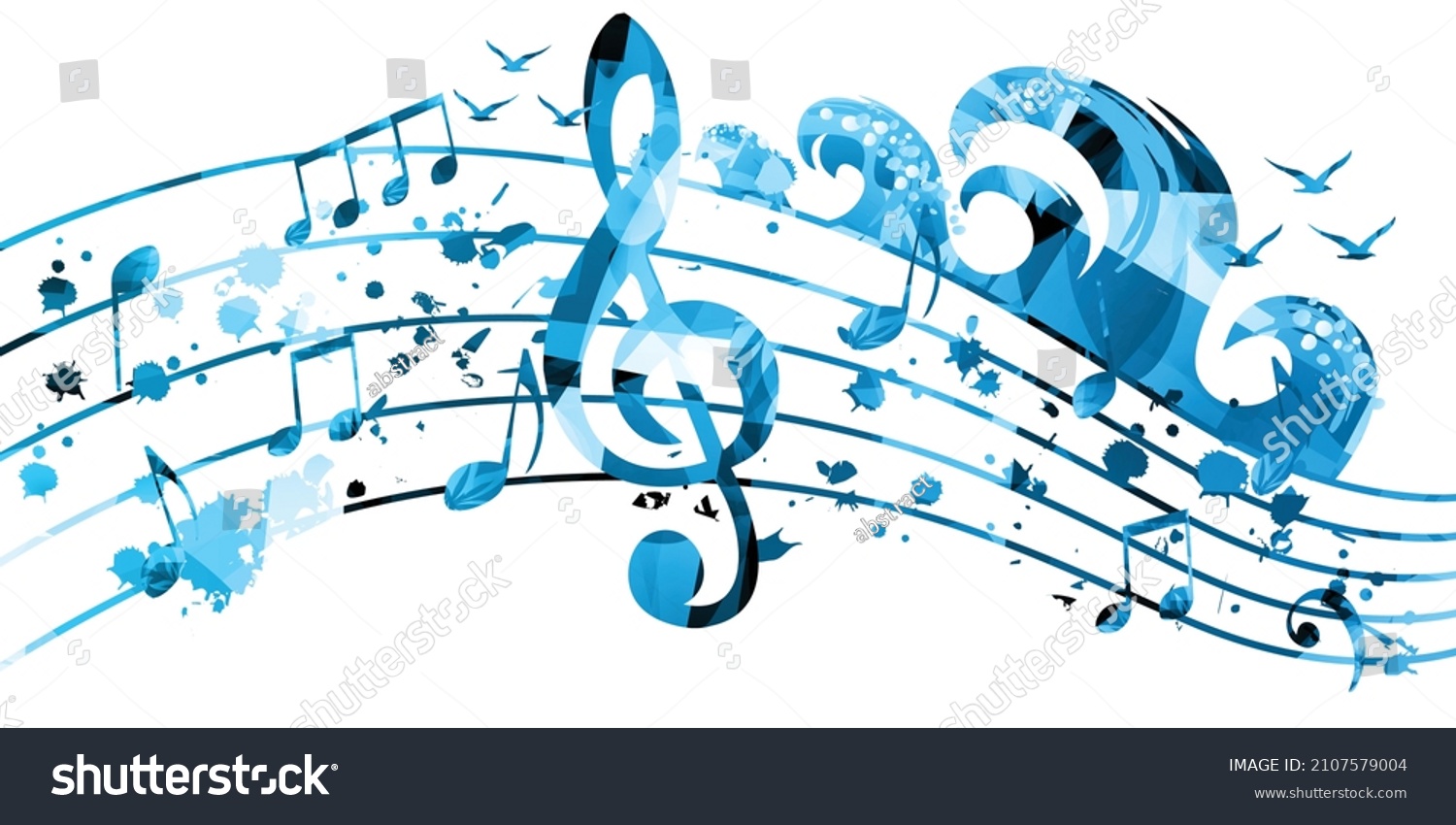 SVG of Musical poster with musical notes, waves and gulls isolated vector illustration. Inspirational music, composing, creating music. Design for live concert events, music festivals, shows, party flyers svg