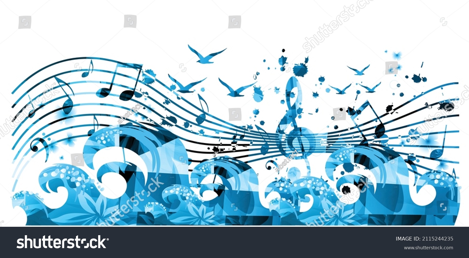 SVG of Musical poster with musical notes, waves and gulls isolated vector illustration. Inspirational music, composing, creating music. Design for live concert events, music festivals, shows, party flyers svg