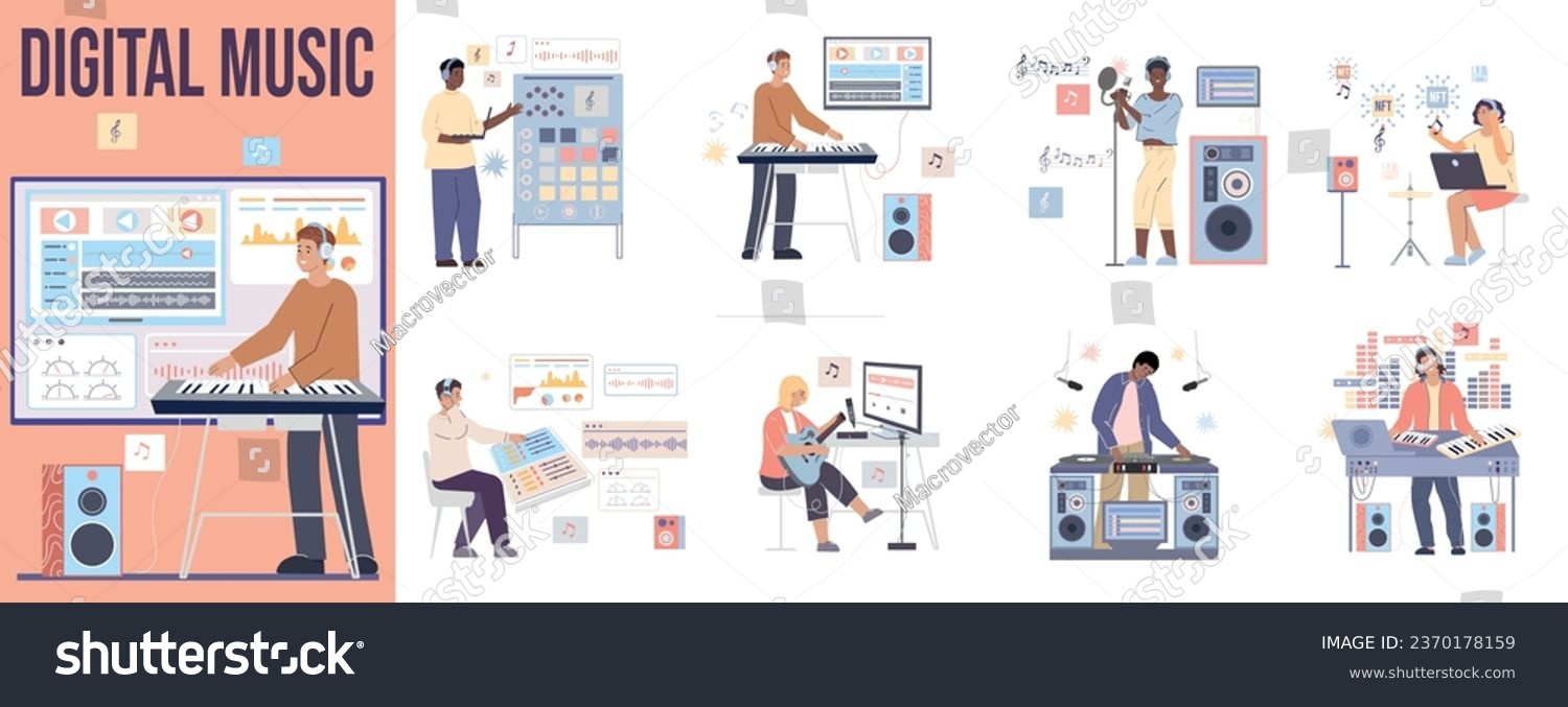 SVG of Musicians and sound engineers creating digital music in studio flat composition set isolated vector illustration svg