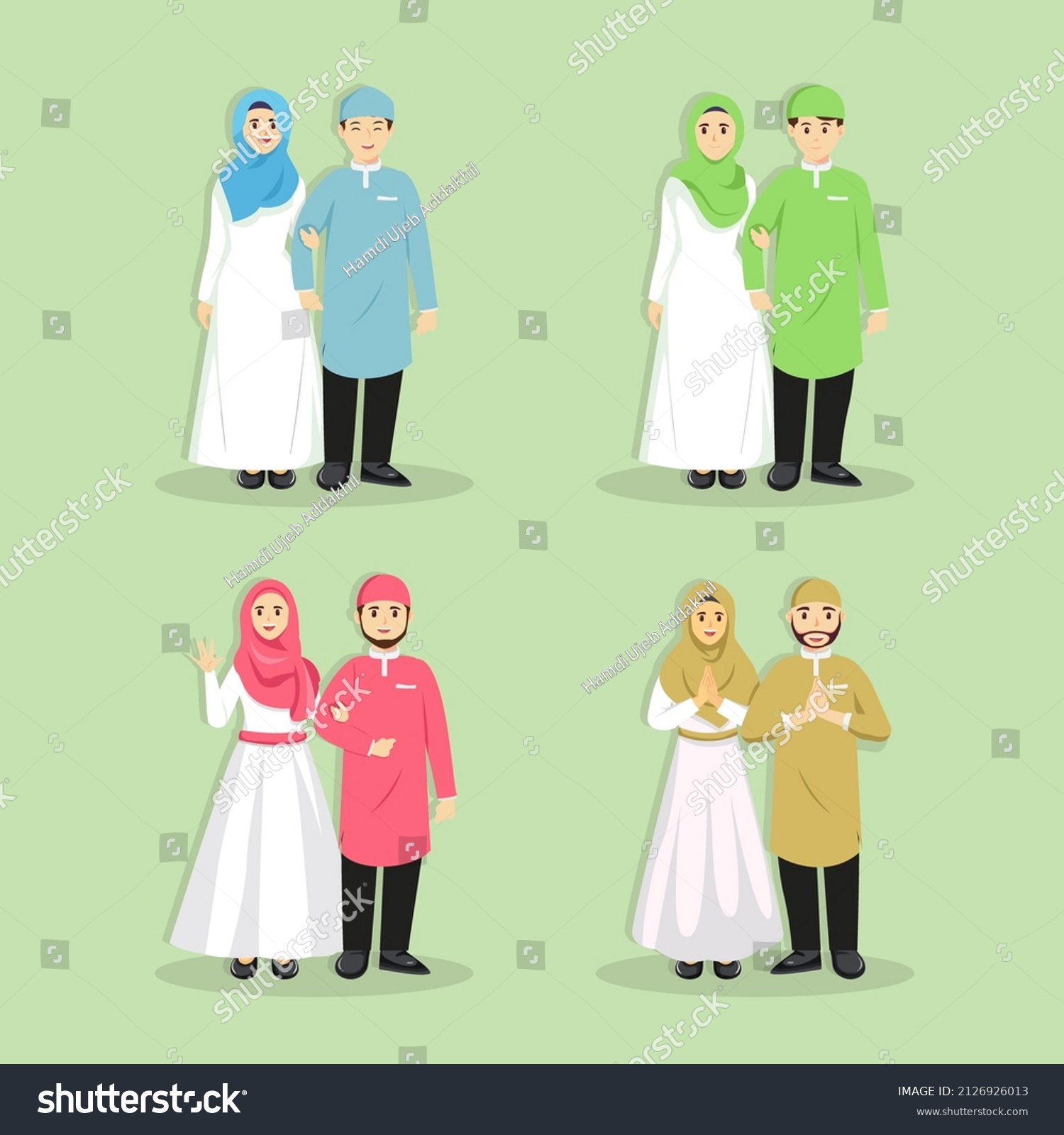 Muslim Couple Wearing Hijab Cartoon Character Stock Vector Royalty