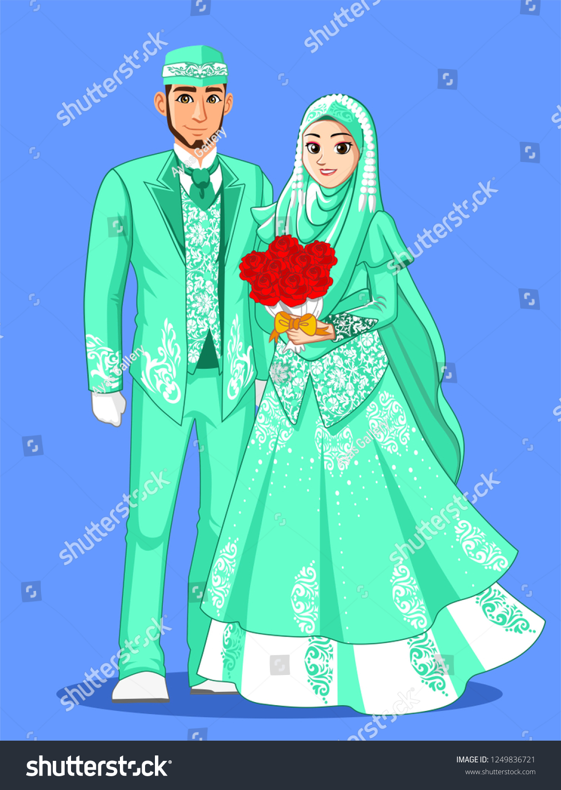 Muslim Wedding Couple Neon Aqua Color Stock Vector Royalty Free