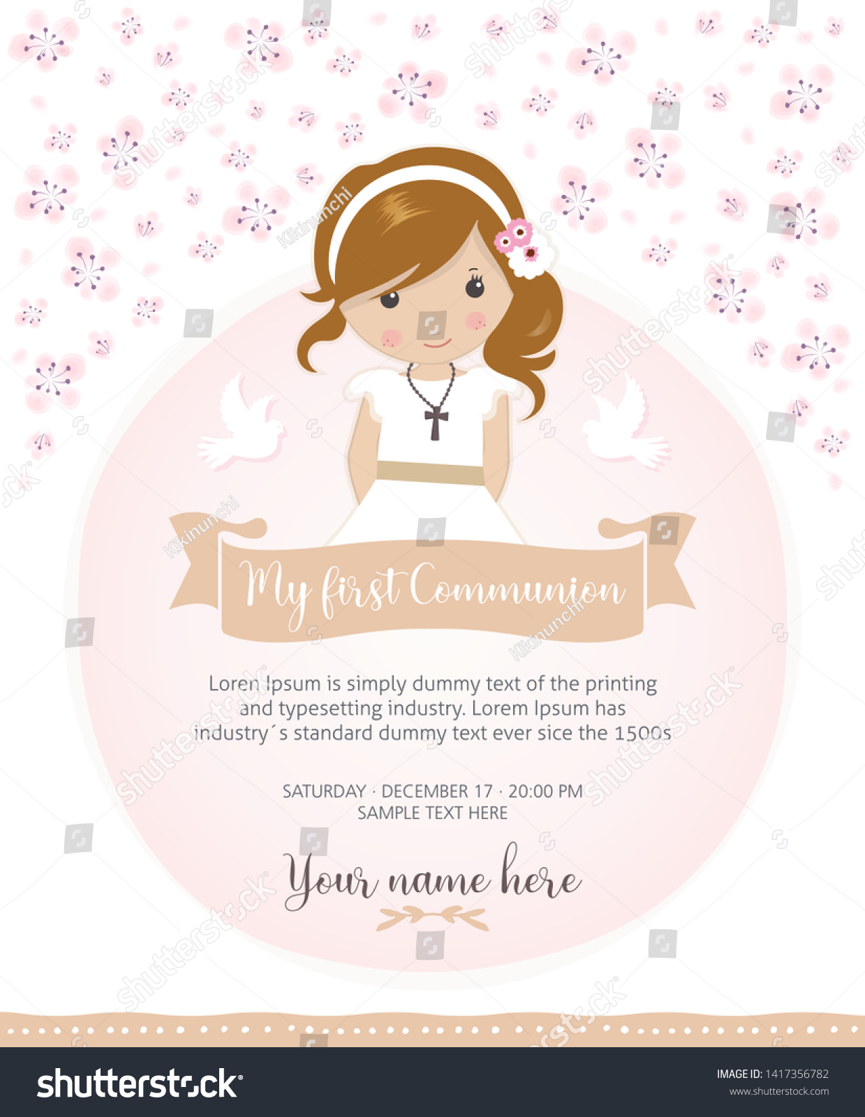 SVG of My first communion invitation. Beautiful girl with communion dress and cute flower frame svg