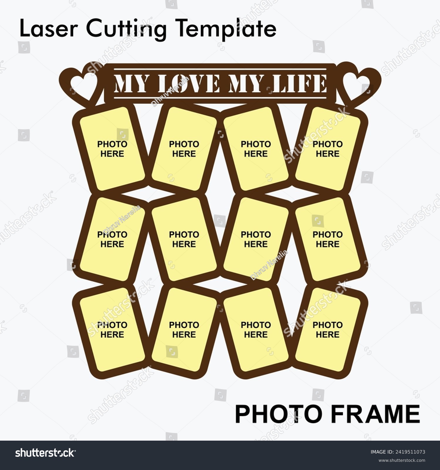 SVG of My love my life Laser cut photo frame with 12 photos. creative and beautiful frame suitable for wedding and valentines day. Laser cut photo frame template design for mdf and acrylic cutting. svg