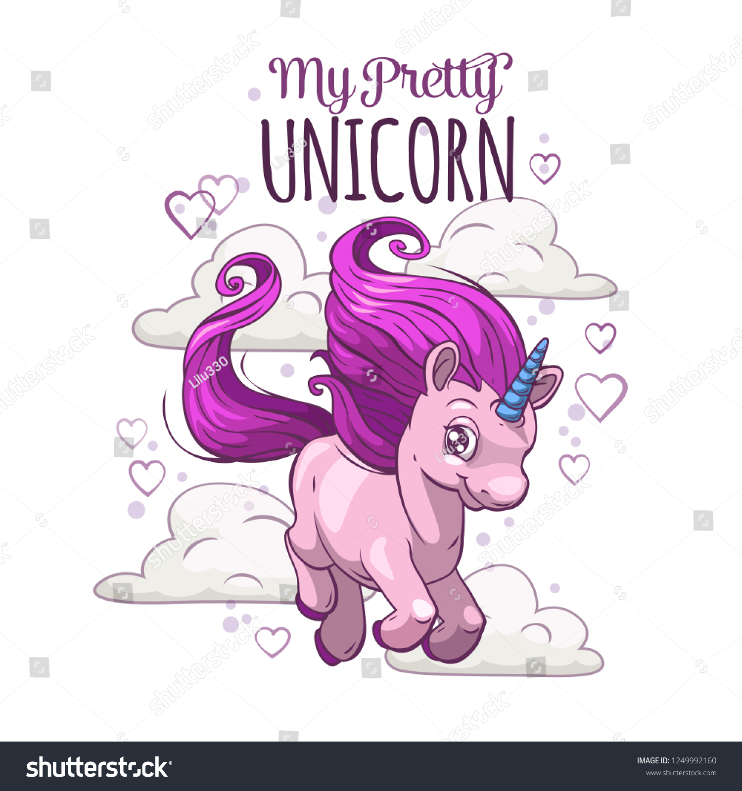 SVG of My pretty unicorn. Cute childish illustration with fantasy little pony on the cloudy sky background. Vector print for girls t-shirt design. svg