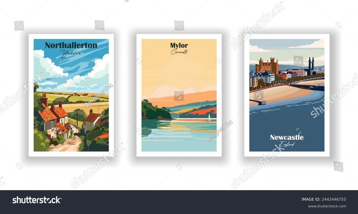 SVG of Mylor, Cornwall. Newcastle, England. Northallerton, Yorkshire - Set of 3 Vintage Travel Posters. Vector illustration. High Quality Prints svg