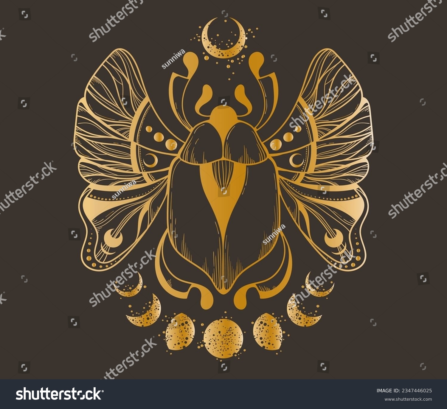SVG of Mystical celestial scarab beetle and moon phases clipart in gold foil texture, magic space insect and crescent silhouettes in vector, unreal hand drawn bug isolated design for t-shirt or card print svg