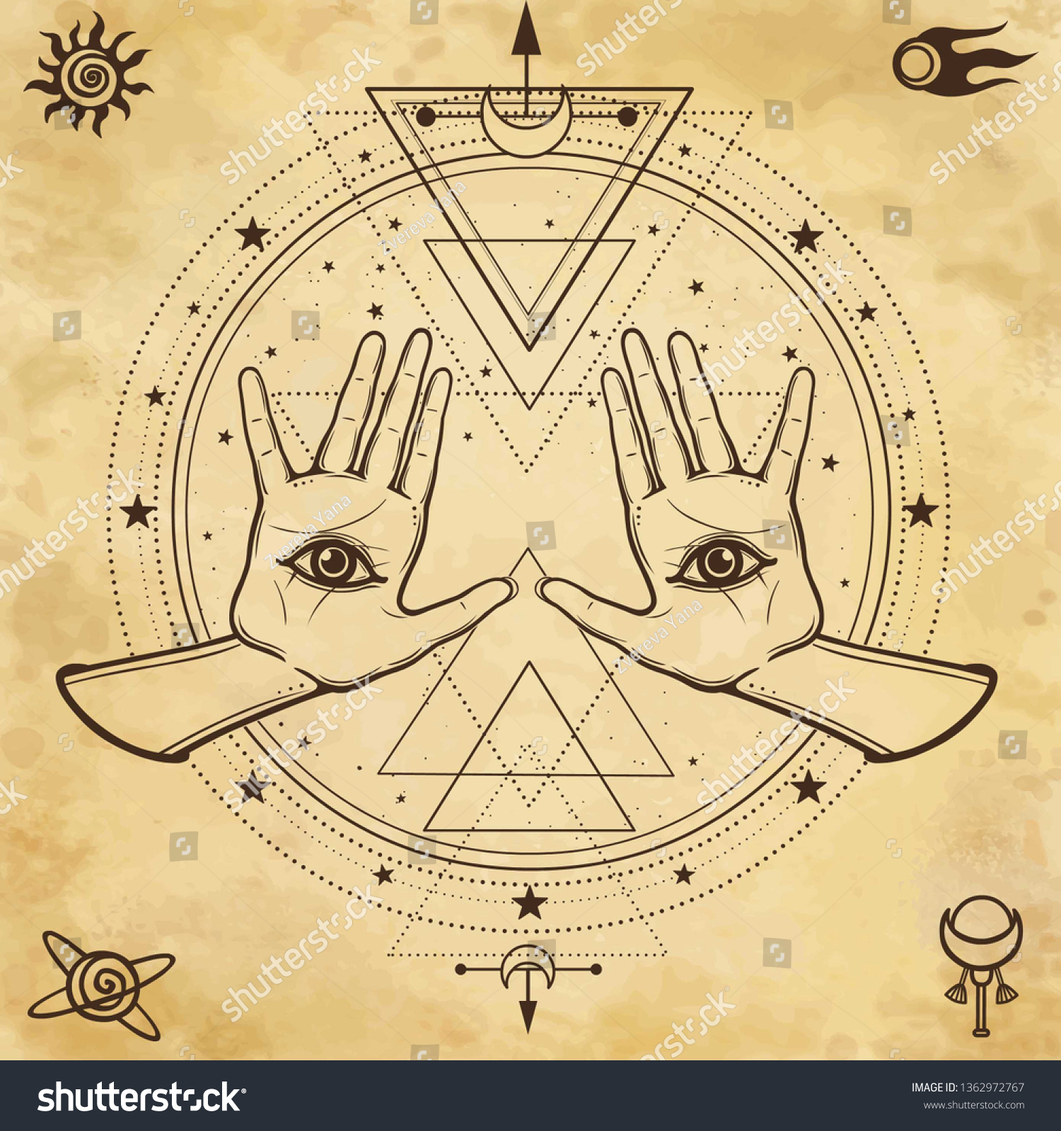 Mystical Drawing Human Hands Have Omniscience Stock Vector (Royalty ...