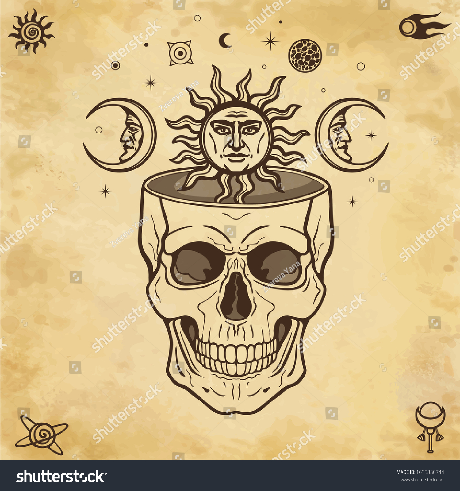 Download Mystical Drawing Sun Moon Inside Human Stock Vector Royalty Free 1635880744