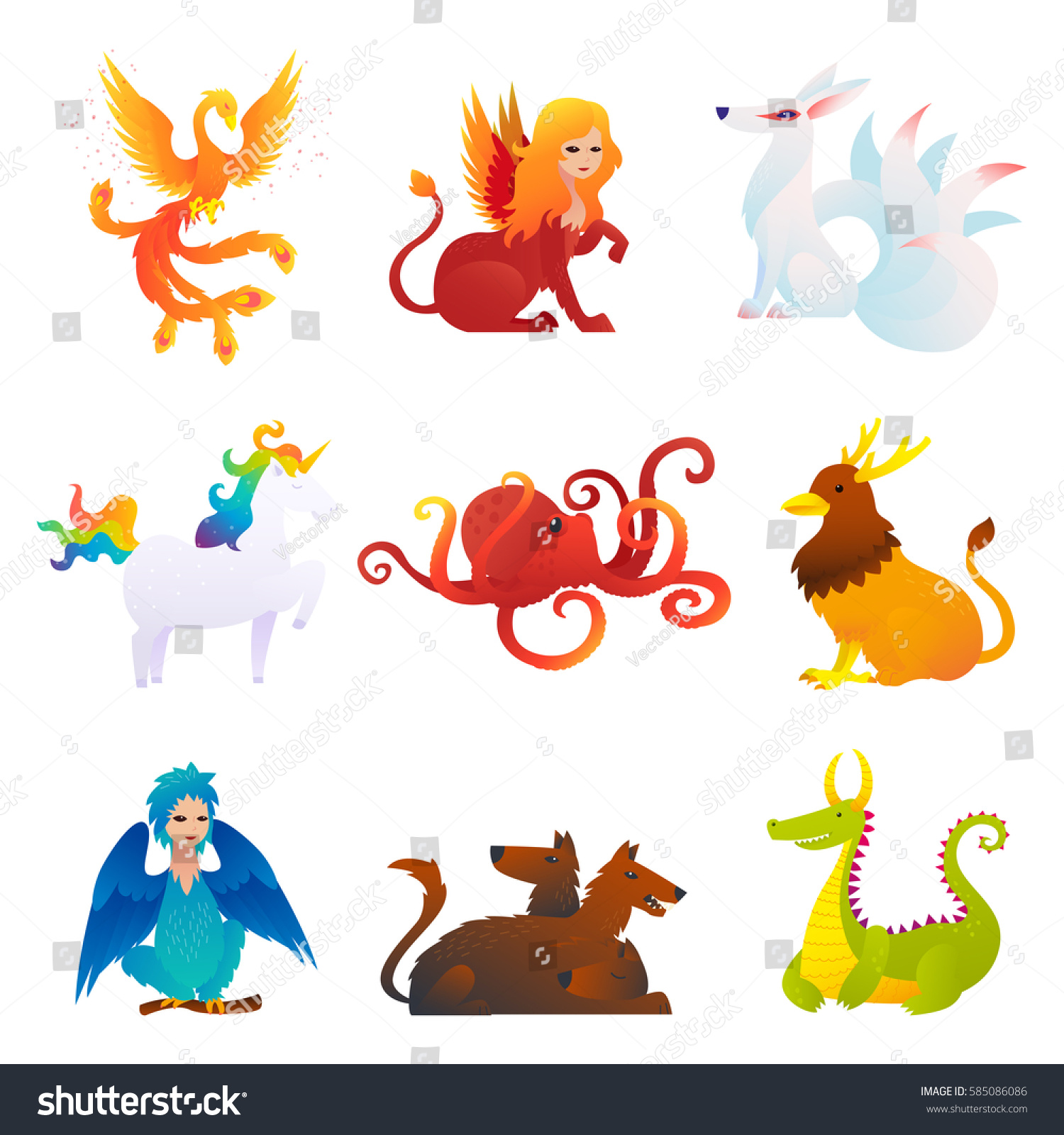 Mythical Fantastic Creatures Set Phoenix Sphinx Stock Vector (Royalty ...