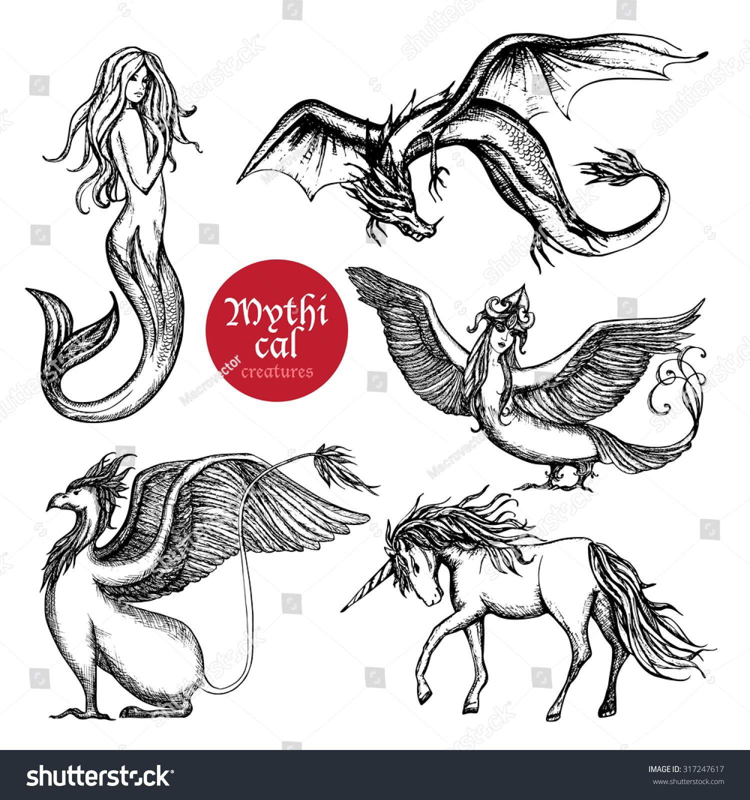 Mythical Creatures Hand Drawn Sketch Set Stock Vector (Royalty Free