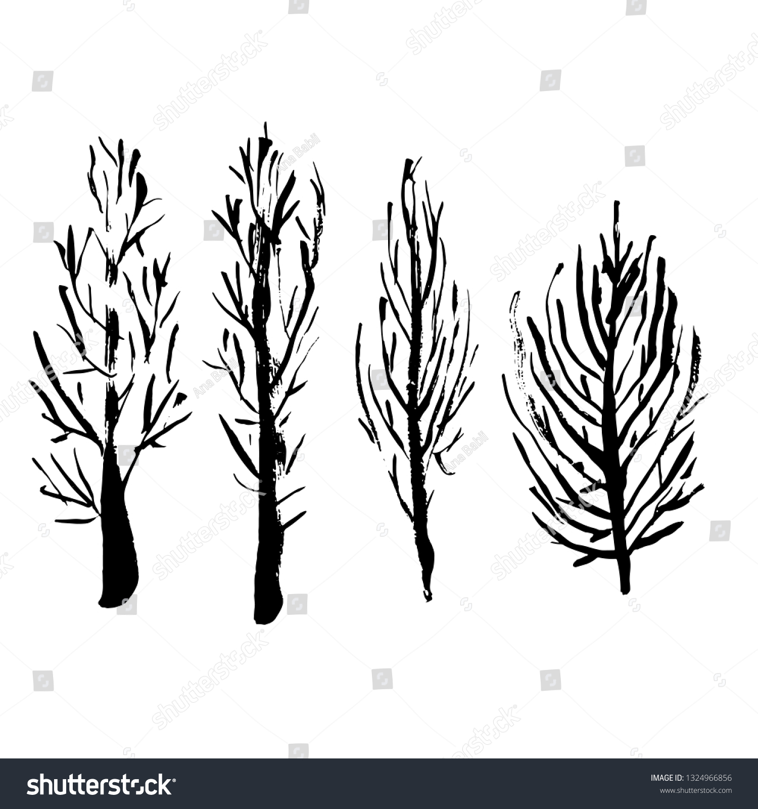 Naked Trees Silhouettes Hand Drawn Set Vector De Stock Libre De