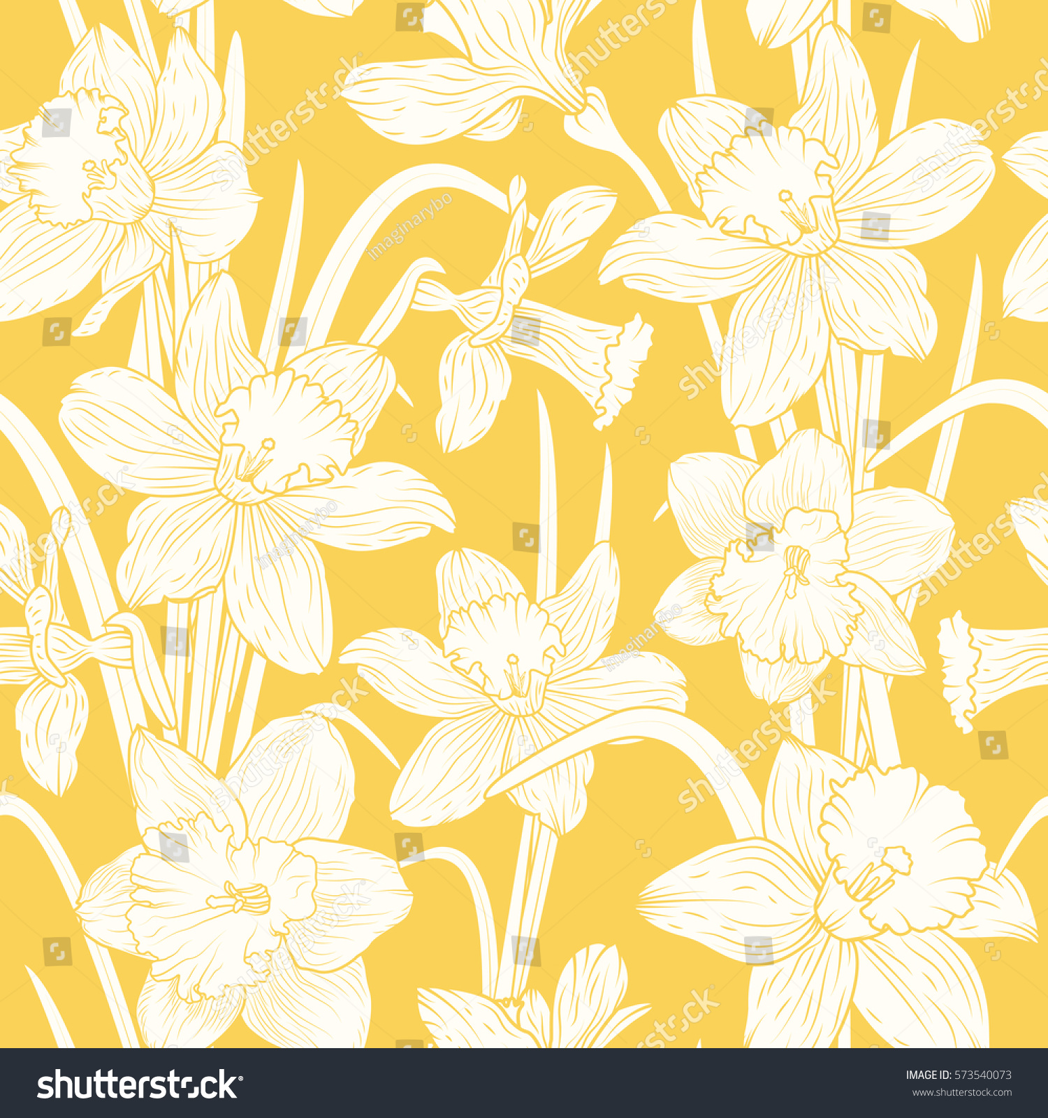 SVG of Narcissus daffodils seamless spring floral pattern. Beige flowers foliage garland on bright yellow background. Realistic detailed botanical outline sketch drawing vector design illustration. svg