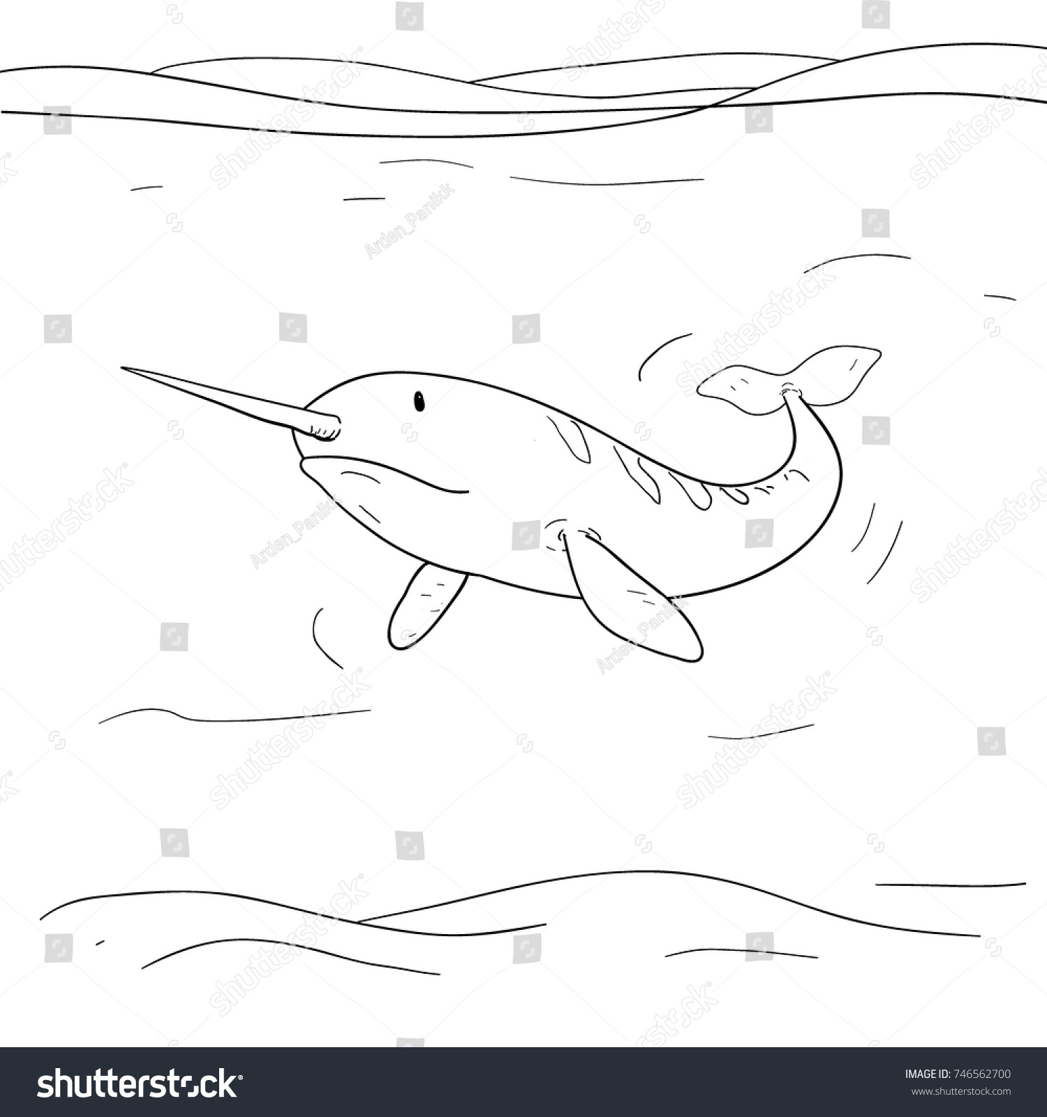 narwhal swimming in the ocean, black and white clip art preview